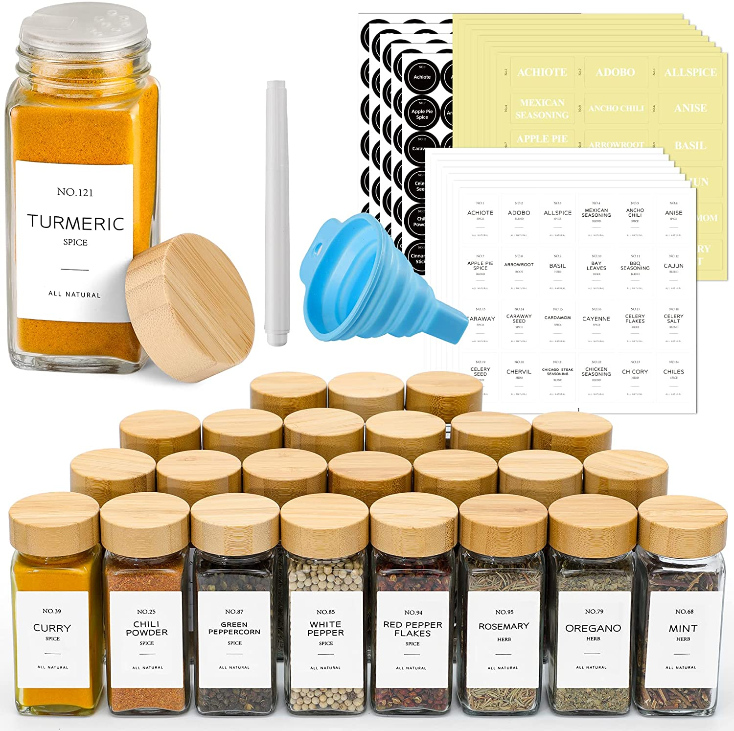24 Pcs Spice Jars with Labels 4 Oz Glass Spice Jars with Bamboo Lids, Minimalist Farmhouse Spice Labels Stickers, Collapsible Funnel, Seasoning Storage Bottles for Spice Rack, Cabinet, Drawer