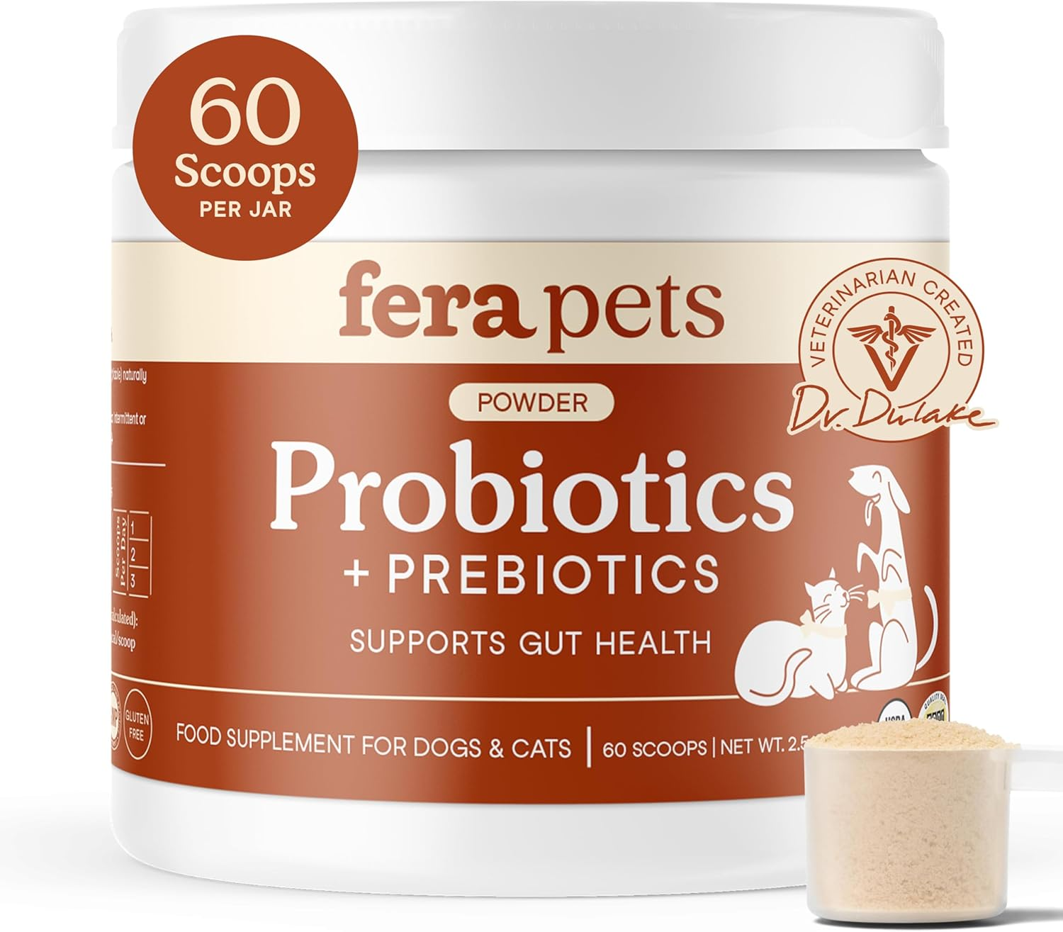 Fera Pets Organic Probiotics for Dogs & Cats with Prebiotics 60 Scoops Organic Gut