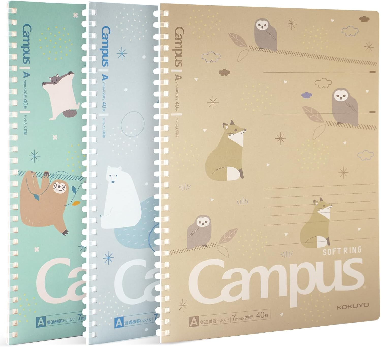 Spiral Notebook Journal, 3 Pack Campus B5 Soft Ring Notebooks with Dotted a 7Mm Rule, 40 Sheets, Cute Animal 1 Subject Notebook in Blue Yellow Green, College Office Note Taking. Japan Import
