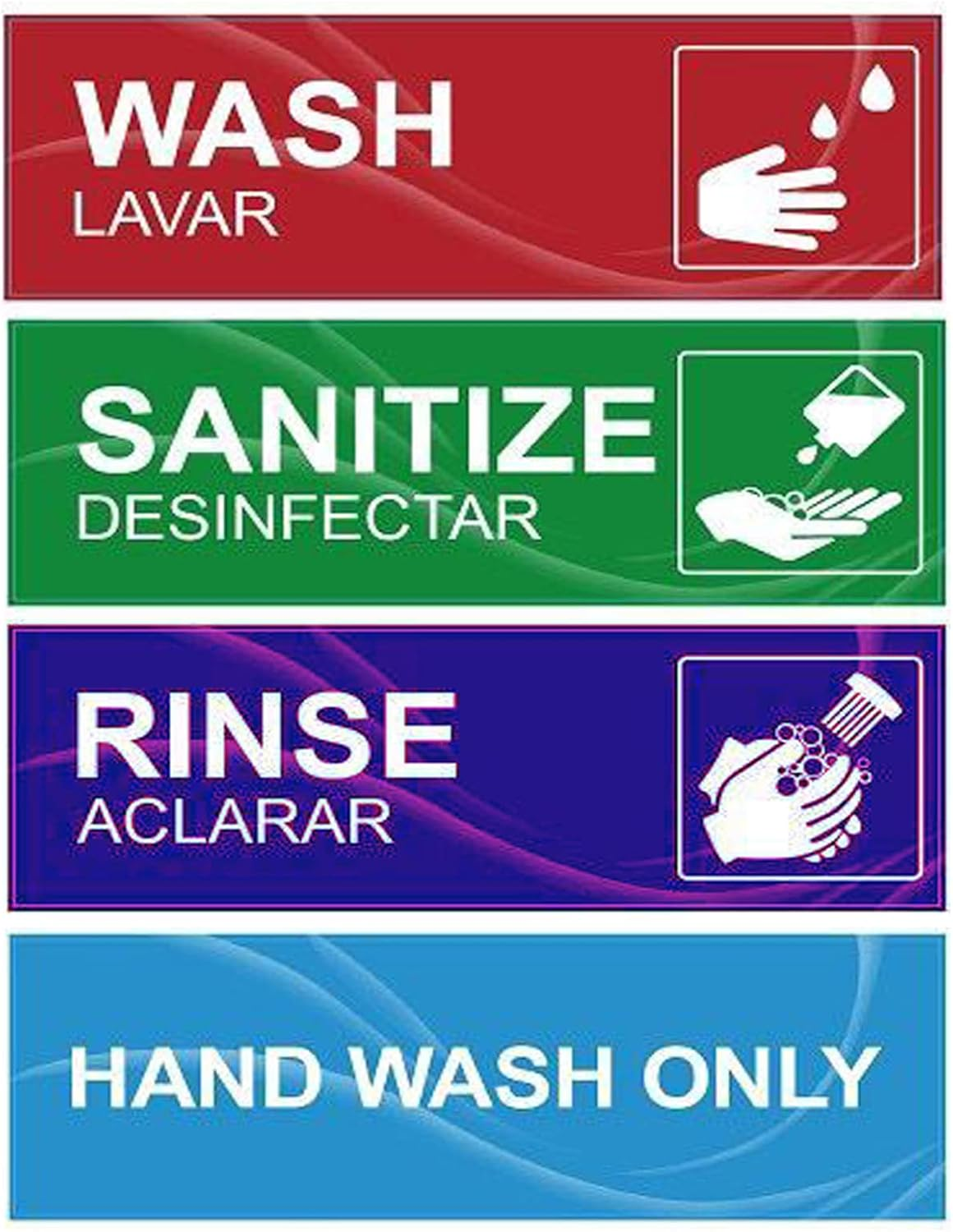 4 Pack Wash Rinse Sanitize Sink Labels, Waterproof Sticker Signs Perfect for 3 Compartment Sink - Restaurants, Commercial Kitchens,  Trucks, Dishwashing or Wash Station