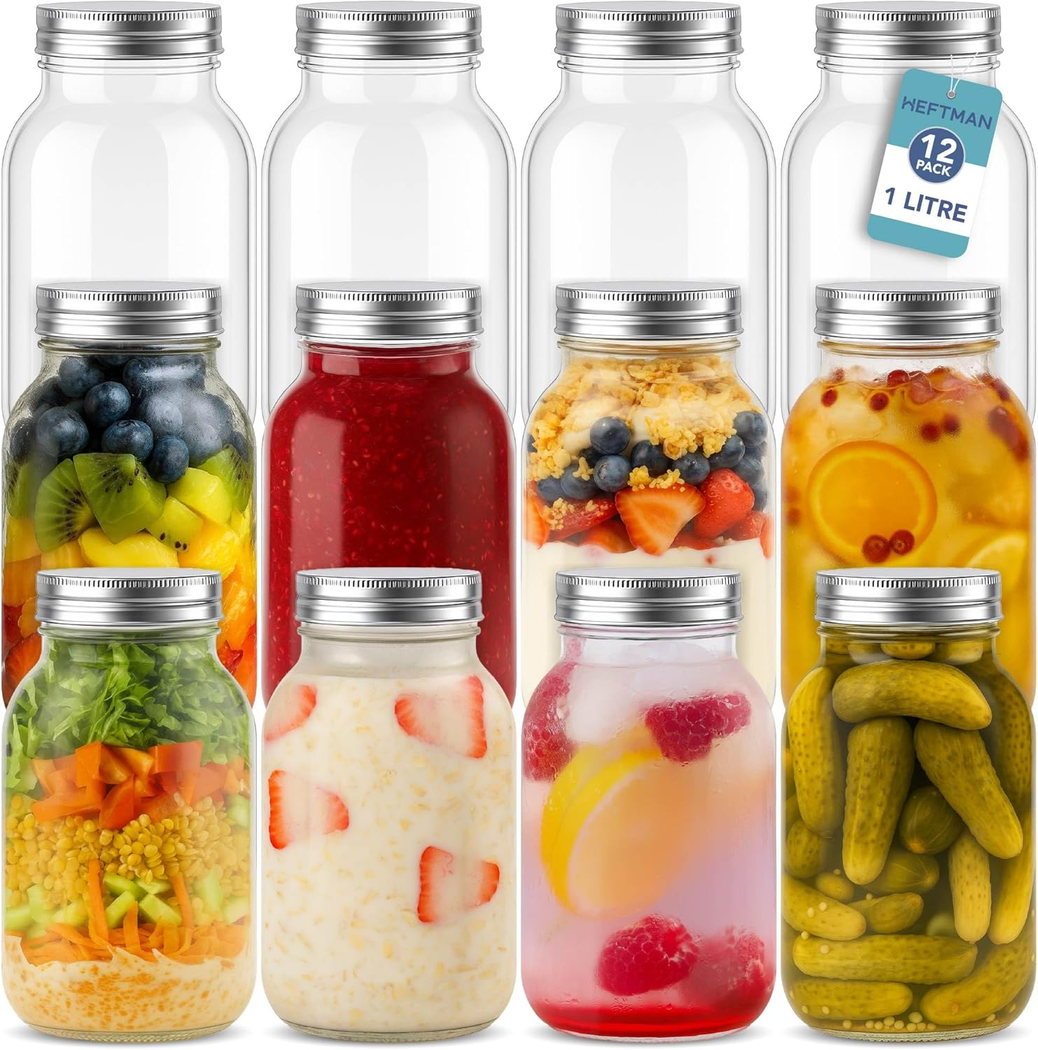 Glass Mason Jars with Lids 1L - Set of 12 Large Air Tight Jars for Overnight Oats, Homemade Jam, Food Storage, Meal Prep, Pickling, Preserving - Mason Jar 12 PCS (1 Litre)