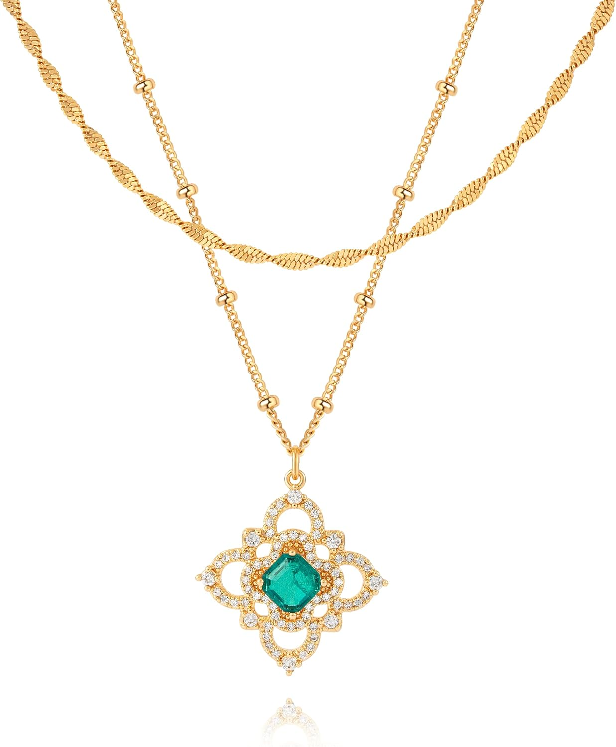 Layered Gold Necklaces for Women Dainty Necklace 14K Gold Plated Layered Necklaces Trendy Charm Floral Clover Pendant Necklace Stack Neckalce Jewelry Set for Engagement Birthday