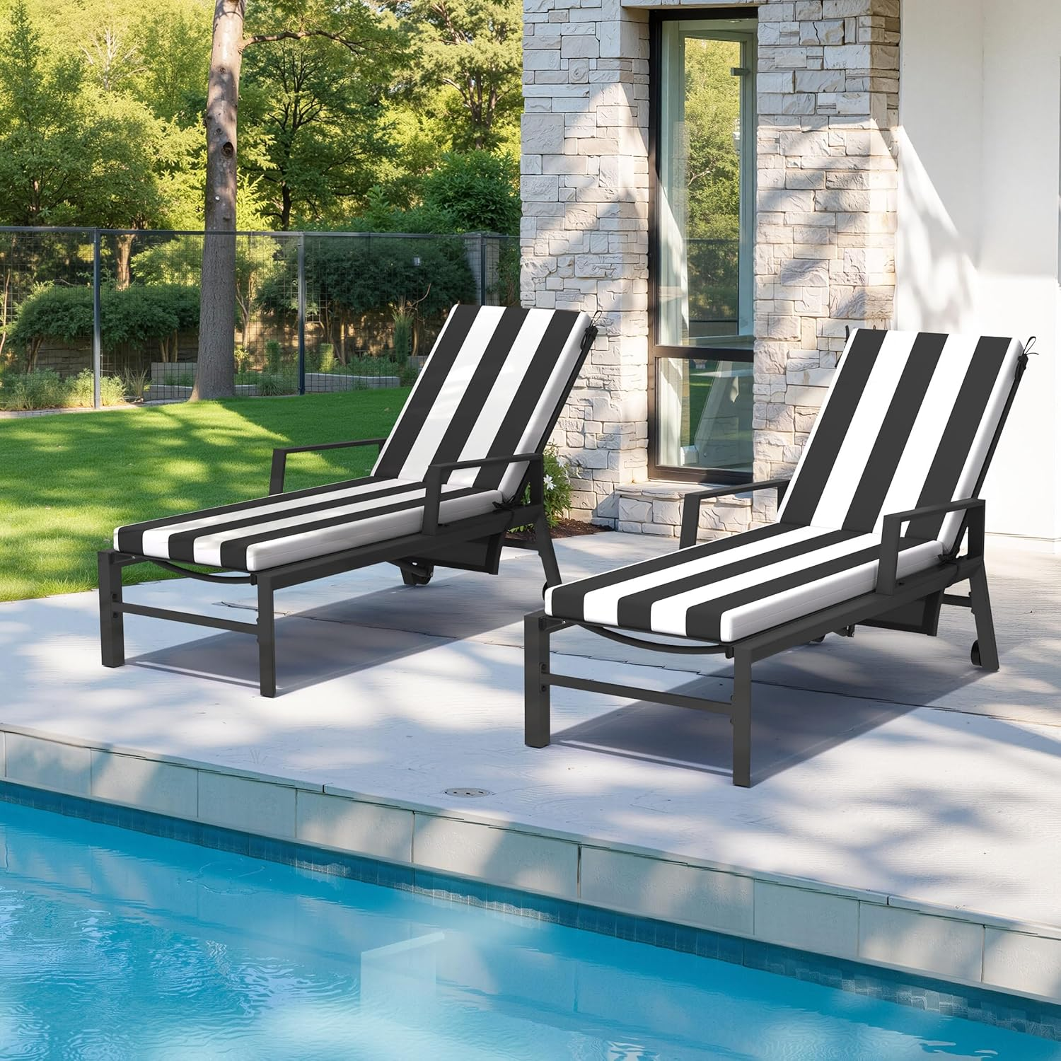 Crestlive Outdoor Chaise Lounge Cushions, Set of 2, Black Cabana Stripe