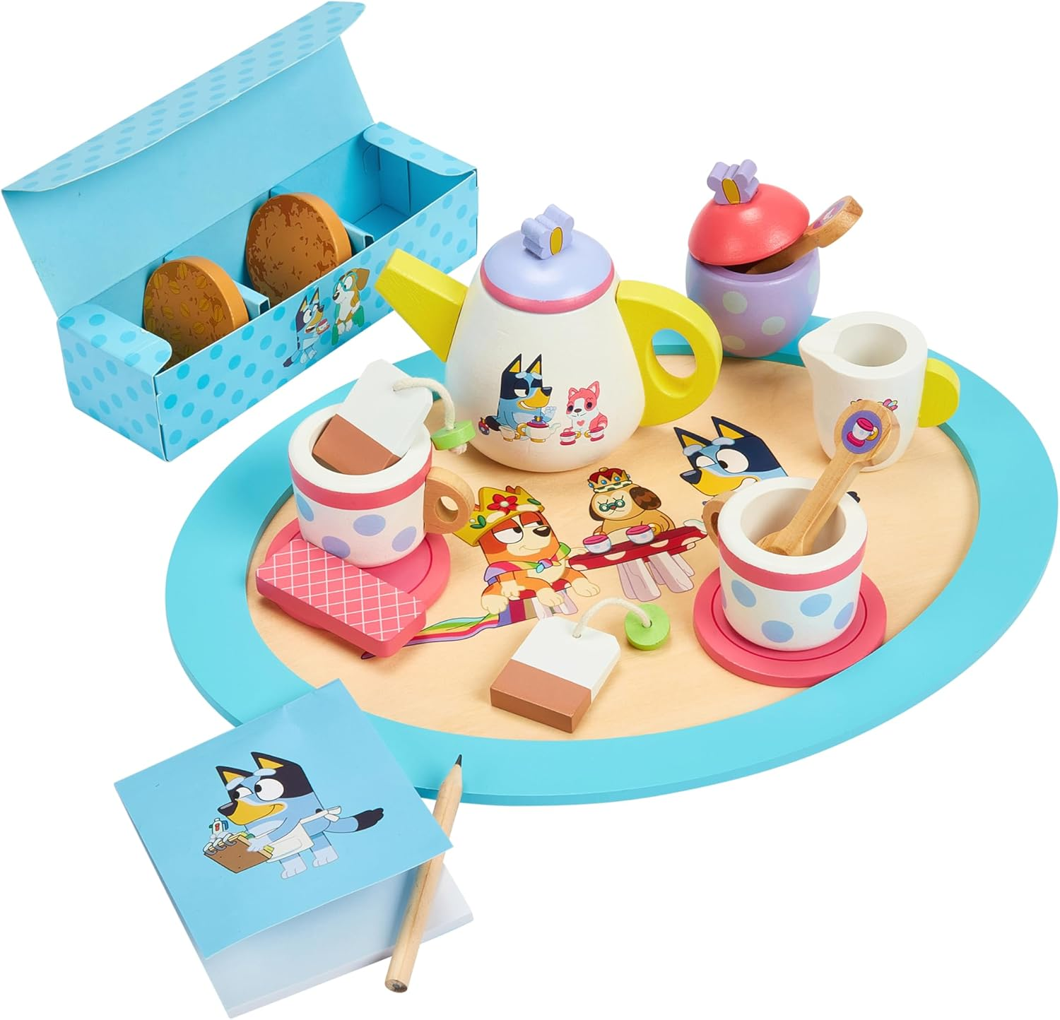 8Th Wonder Bluey Toys Wooden Tea Party Set, 18-Piece Durable Toy Tea Set with Tray, Teapot, Teaspoons, and More, Pretend Play for Toddlers of Ages 3+