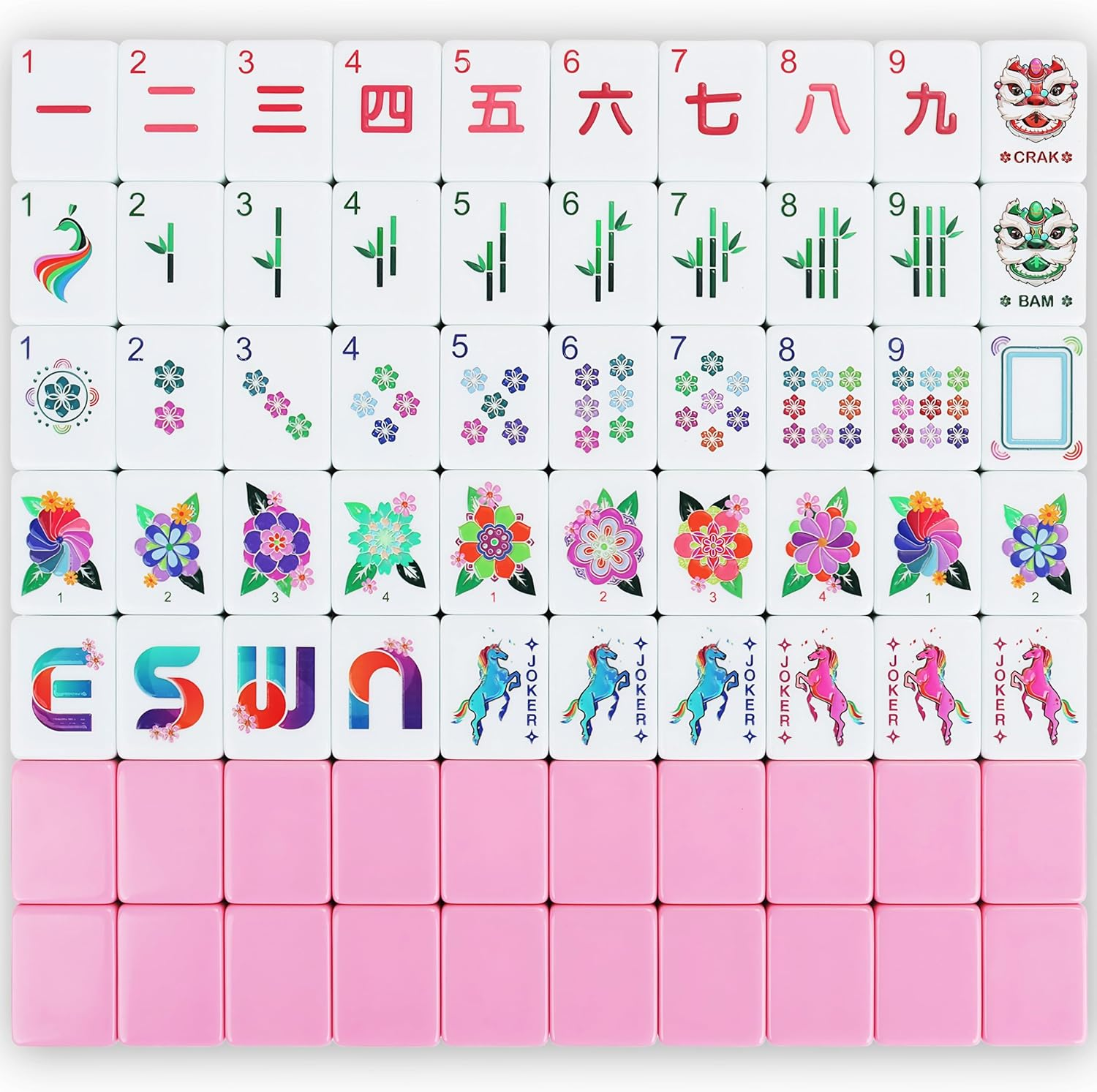 American Pink Mahjong Tile Set - Mah Jongg Tiles Game Sets - 166 Complete Cute Travel Mah Jong, Beautiful Pretty 1.2” Majong Only, 3D Carving Mahjongg with Bag and Dice Accessories (Pink)