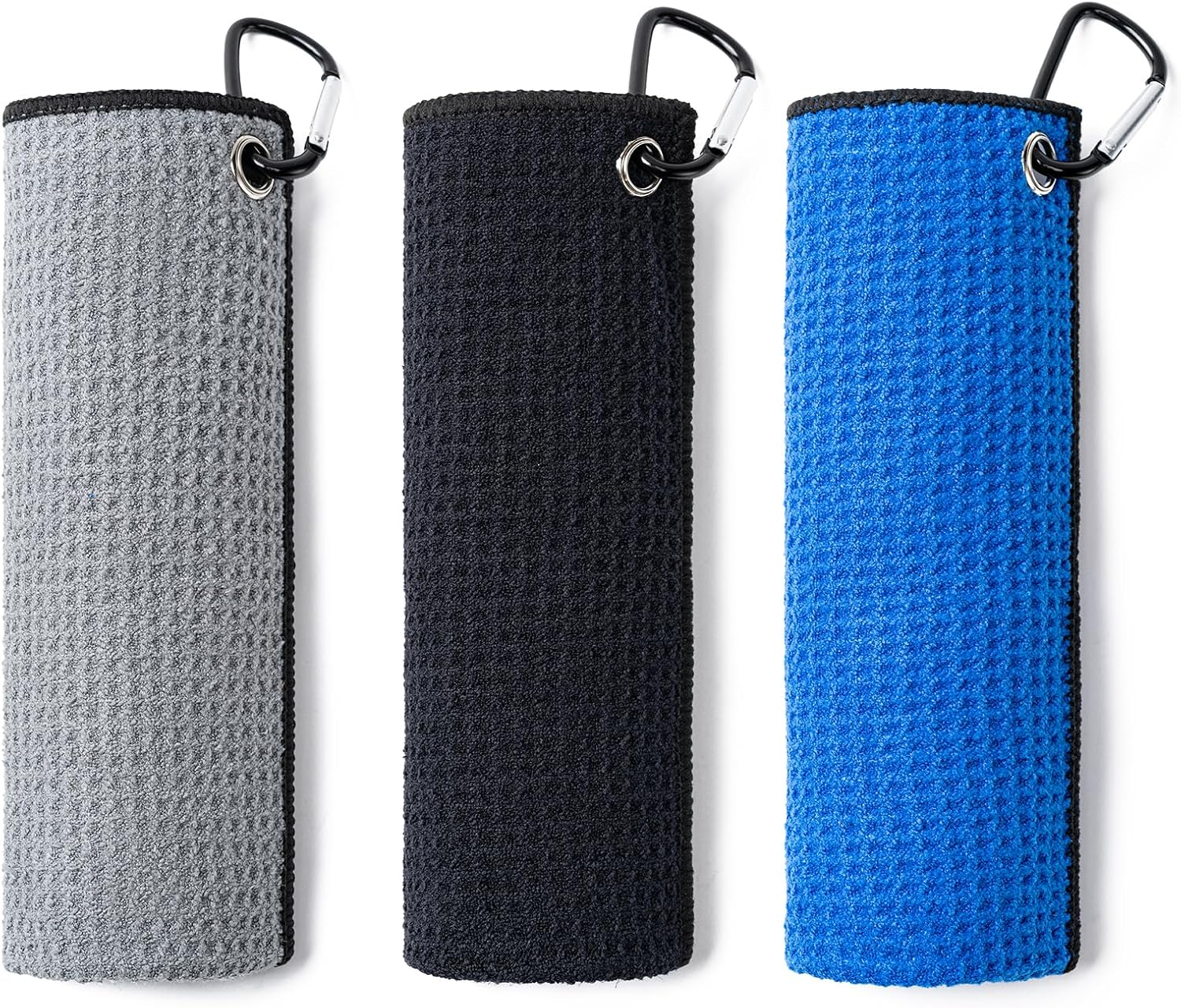 3 Pack Golf Towels 16x16 Microfiber Waffle Carabiner Clip Golf Bag Cleaning