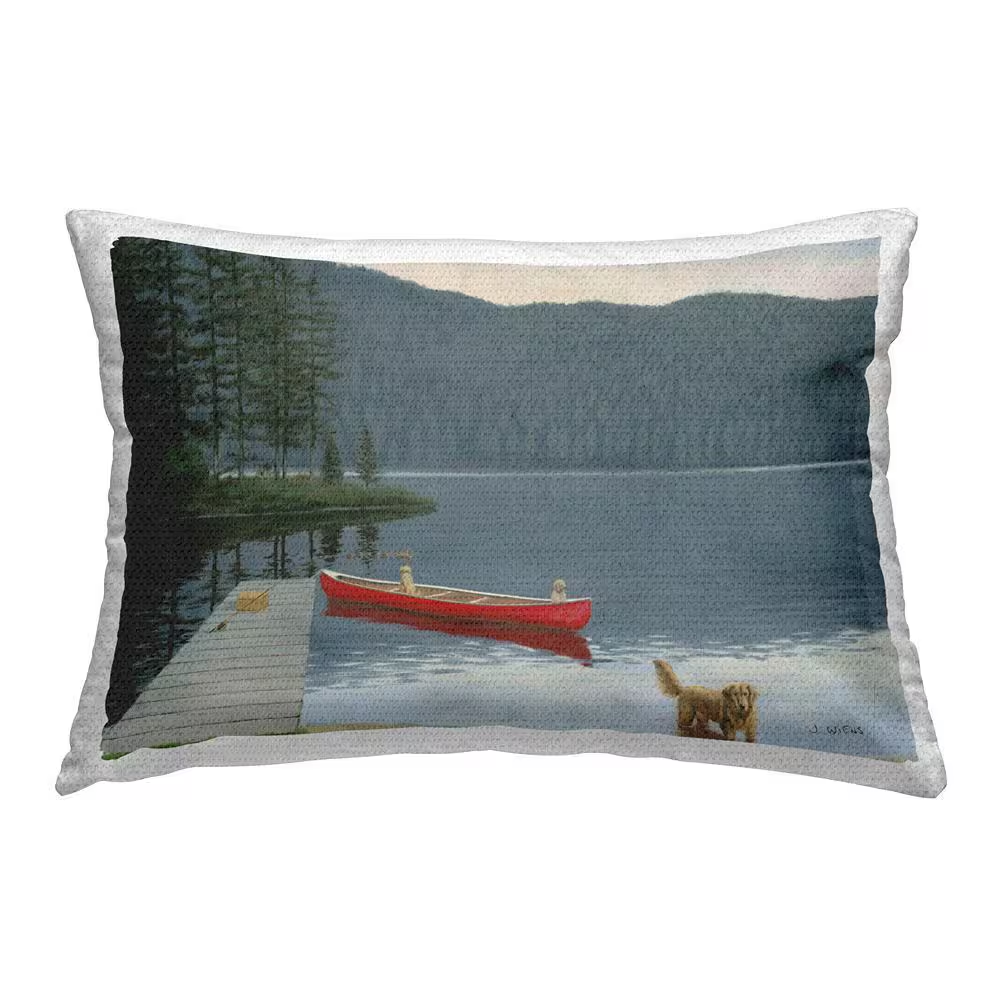 Dogs on Lake Dock Red Rectangular Outdoor Throw Pillow