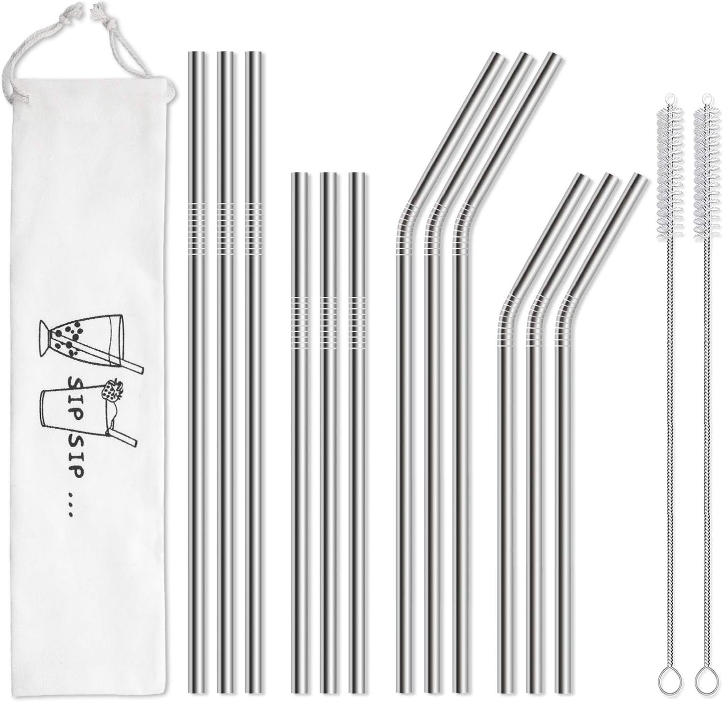 12-Pack Reusable Stainless Steel Metal Straws with Case - Long Drinking Straws for 30 Oz and 20 Oz Tumblers Dishwasher Safe - 2 Cleaning Brushes Included