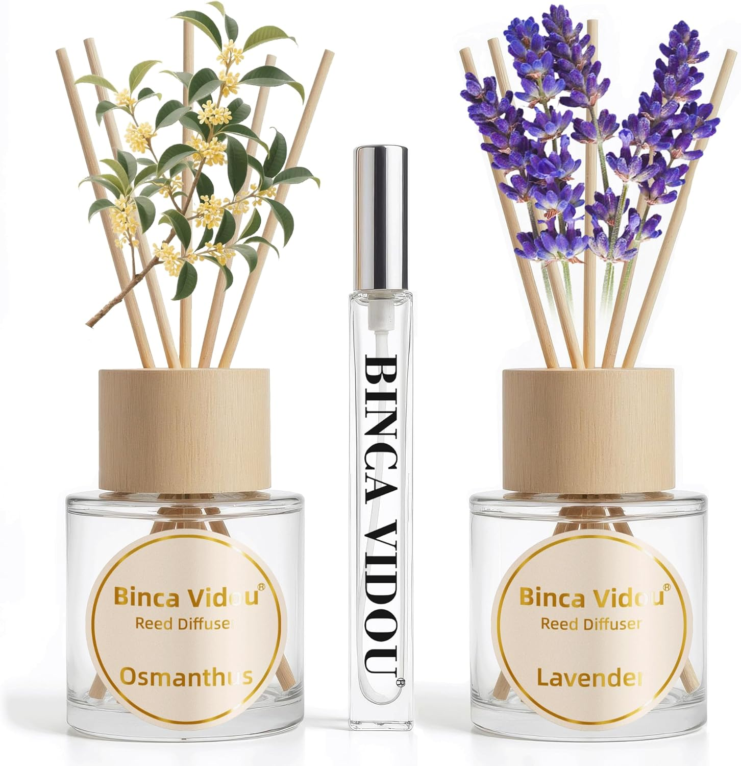 Reed Diffuser Set, Binca Vidou Lavender & Osmanthus Natural Perfume Scent Oil Diffusers with Sticks & Spray Bottle for Home Office Bathroom Aromatherapy Decor 1.69Oz X 2