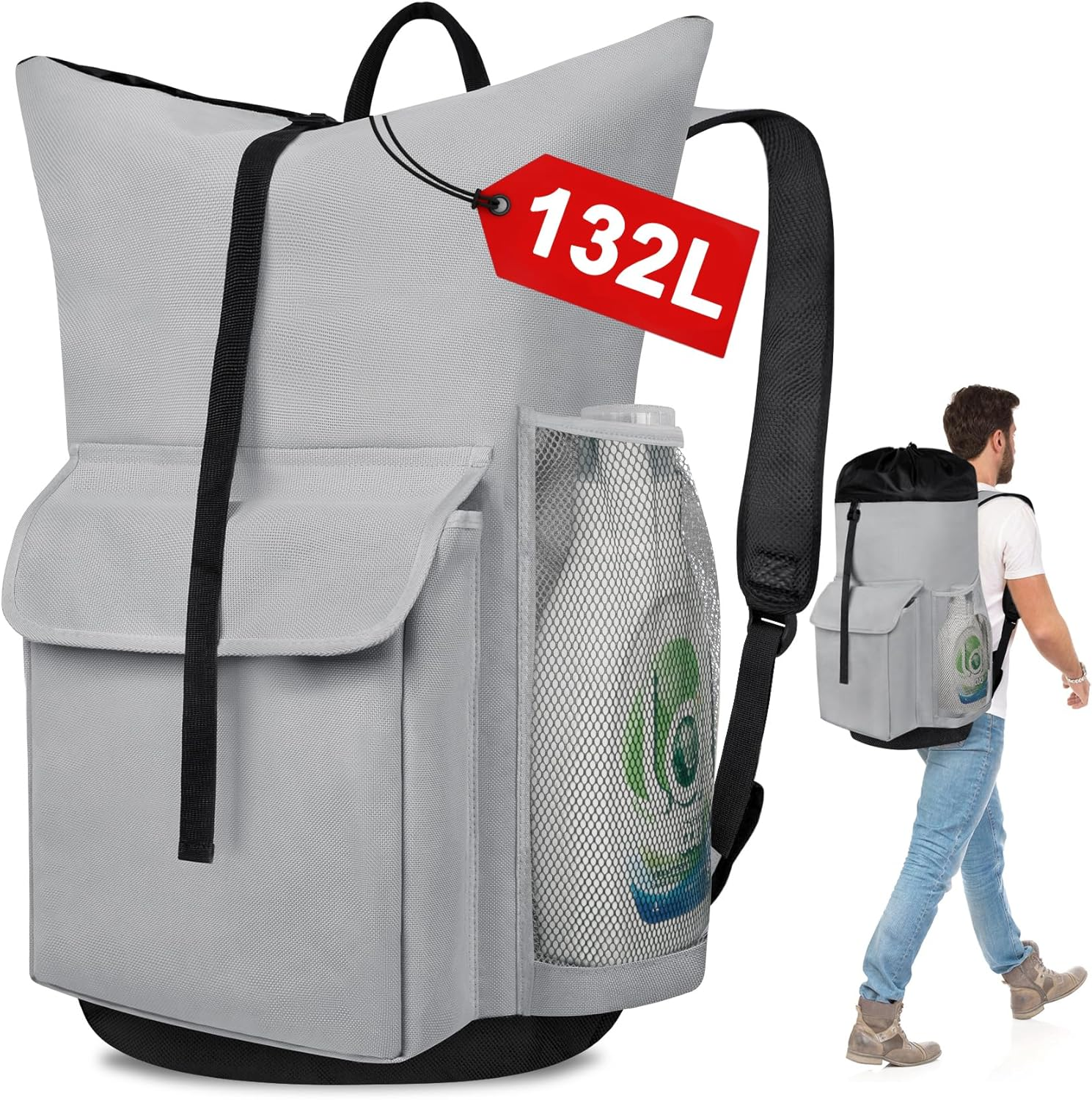 132L Laundry Bag Backpack, Extra Large Travel Heavy Duty Landry Bags with Shoulder Straps and Mesh Pocket, Drawstring Closure Design Laundry Hamper Bag for College Dorm, Laundromat, Apartment, Grey