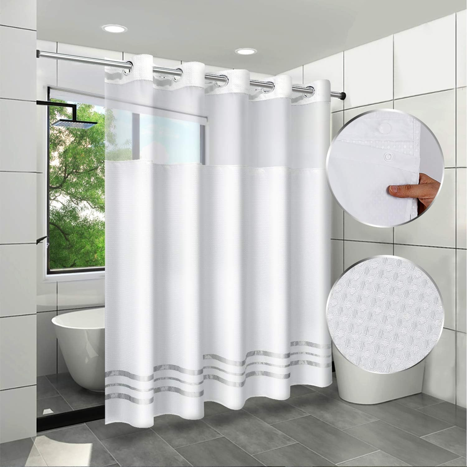 2023 Upgraded Shower Curtain Set Waffle Weave Curtain Fabric Shower Curtain Set Hook Free Removeable Liner, 250GSM Machine Washable 71By 74Inch, White