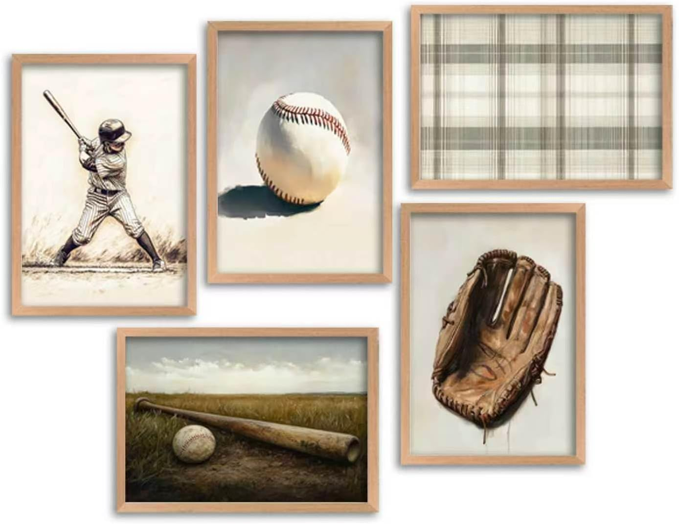 5Pcs Vintage Baseball Framed Wall Art Set, Retro Sports Themed Canvas Print Posters, Sports Wall Decor for Boys Bedroom Kids Room & Sports Theme Nursery Decor, 8X10 Inch Solid Wood Frame