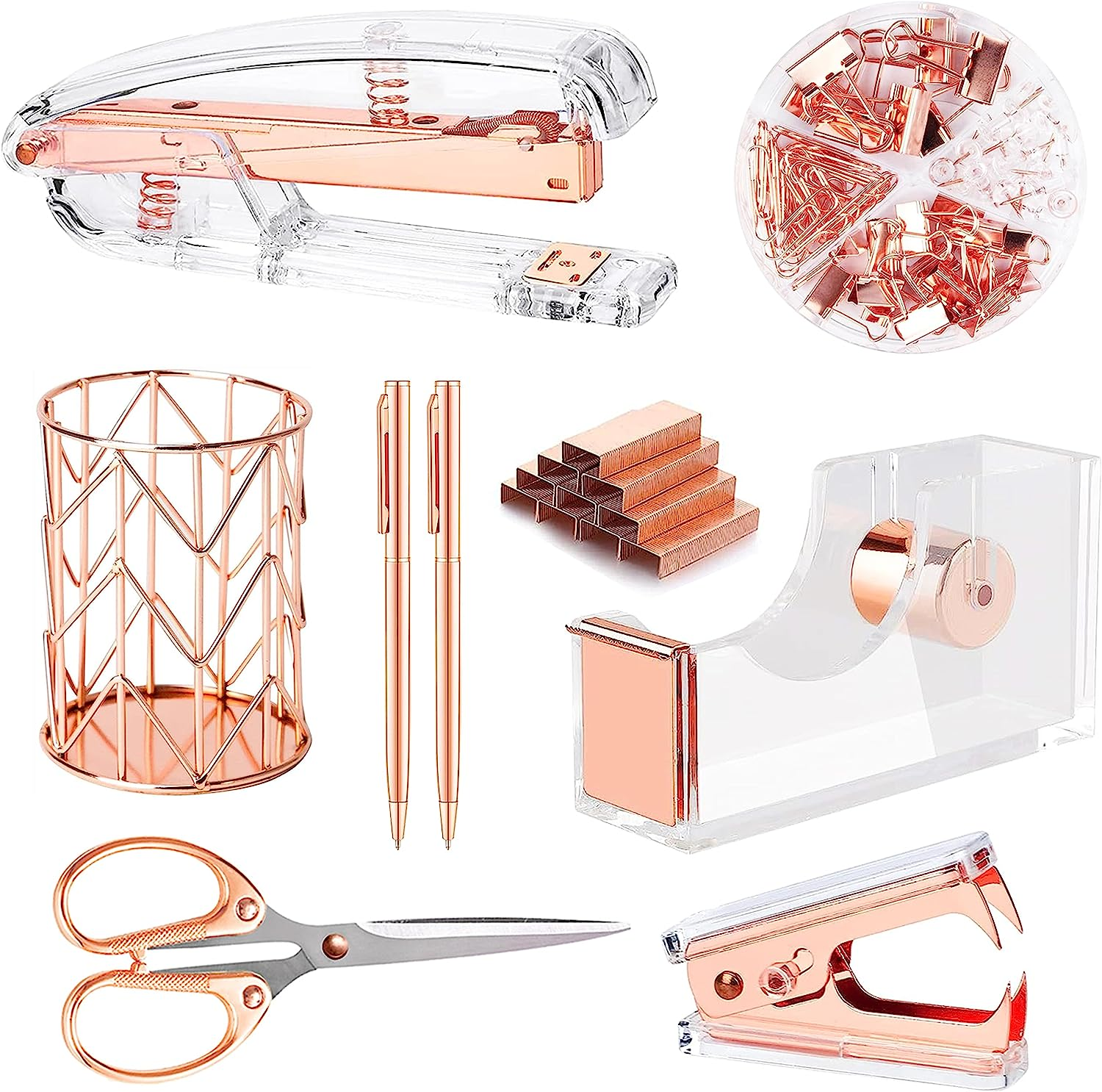 Famassi Rose Gold Desk Accessories，Office Supplies Set Acrylic Stapler Set Staple Remover, Tape Holder, 2 Ballpoint Pen, Scissor, Binder/Paper Clips and 1000Pcs Staples.
