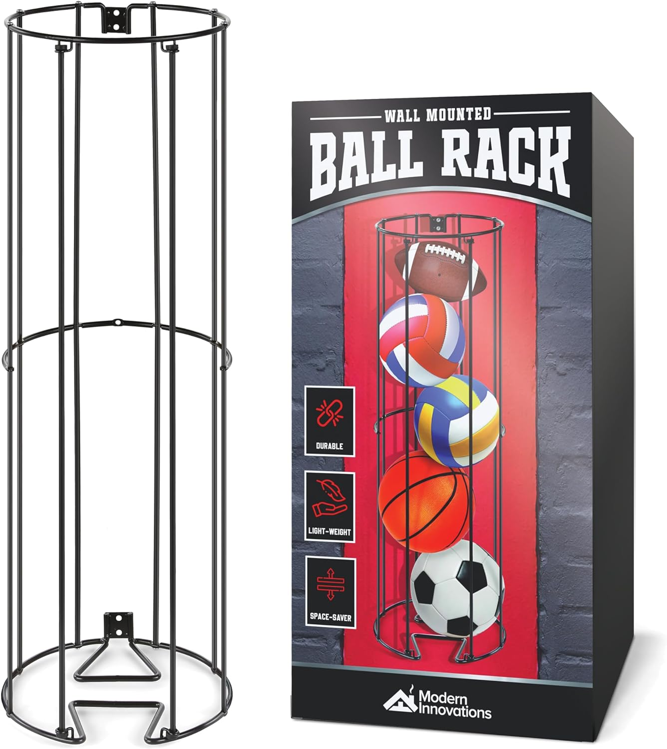 Vertical Ball Storage Rack, Wall-Mounted Garage Sports Equipment Organizer, Soccer Ball, Volley Ball, Football, and Basketball Holder, Space-Saving Vertical Ball Rack for Garage, Gym, or Playroom