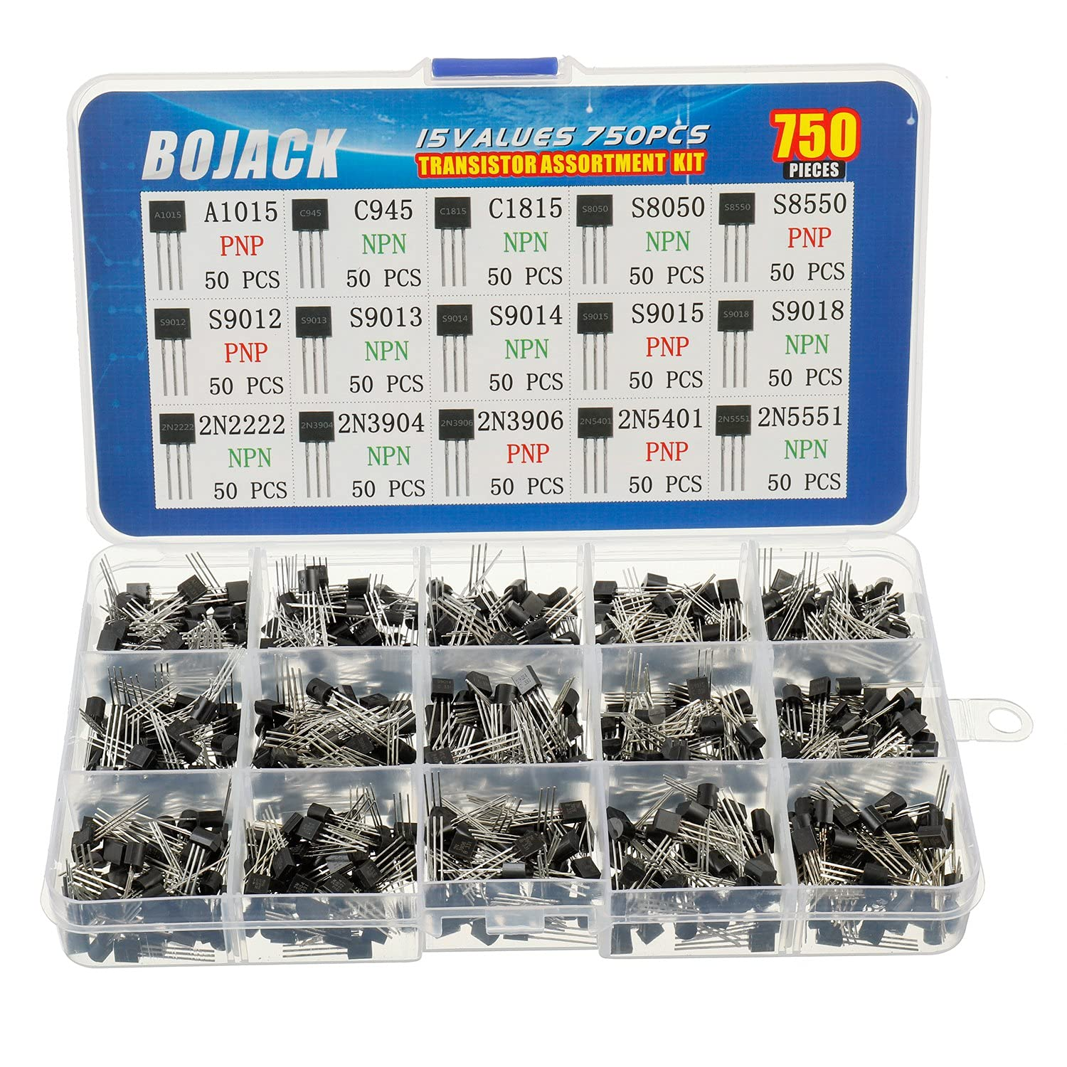 15 Values 750 Pcs A1015 C945 C1815 S8050 S8550 S9012 S9013 S9014 S9015 S9018 2N2222 2N3904 2N3906 2N5401 2N5551 PNP NPN Power General Purpose Transistors Assortment Kit