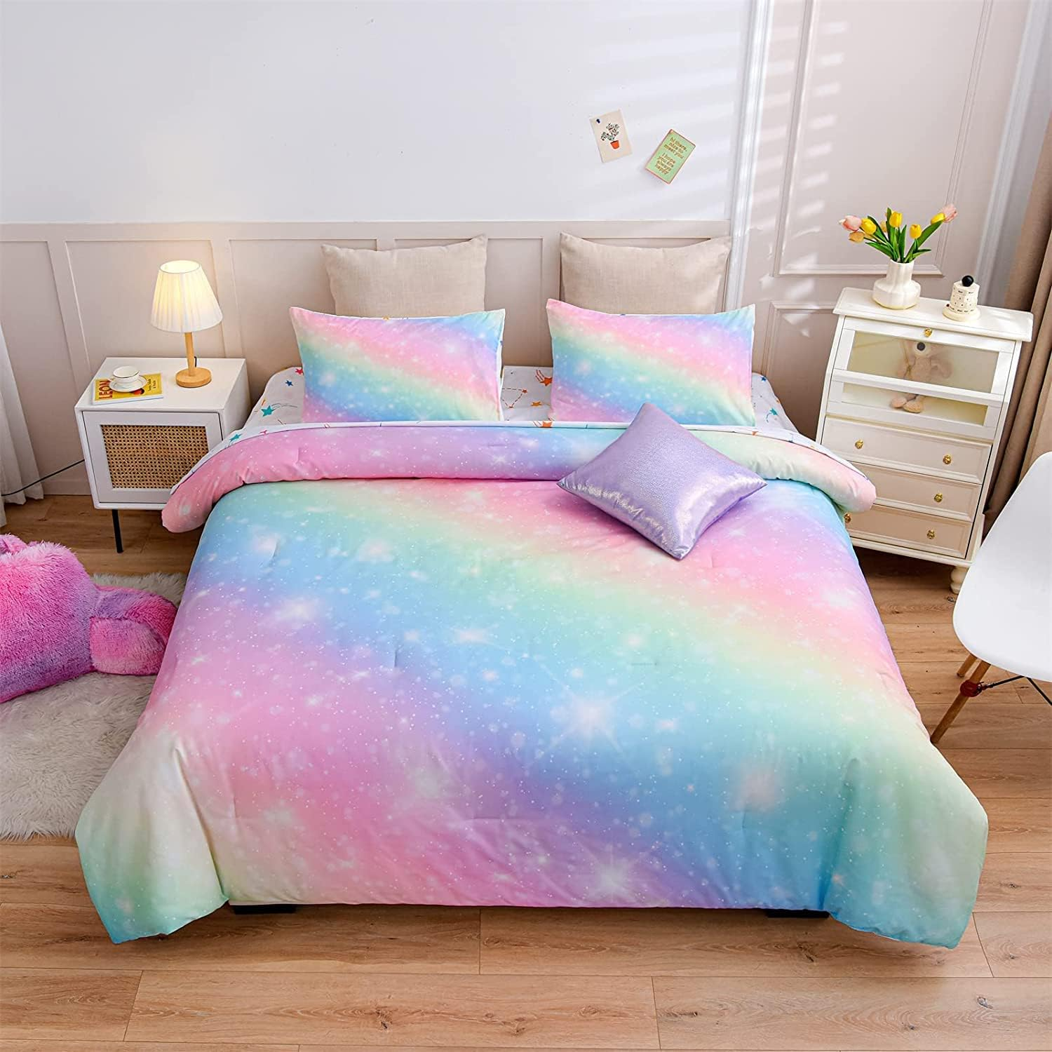6Pcs Gradient Glitter Bedding Set for Girls, Colorful Rainbow Galaxy Comforter Set, Ultra Soft Bedding Sets (Pink,Queen 6Pcs)