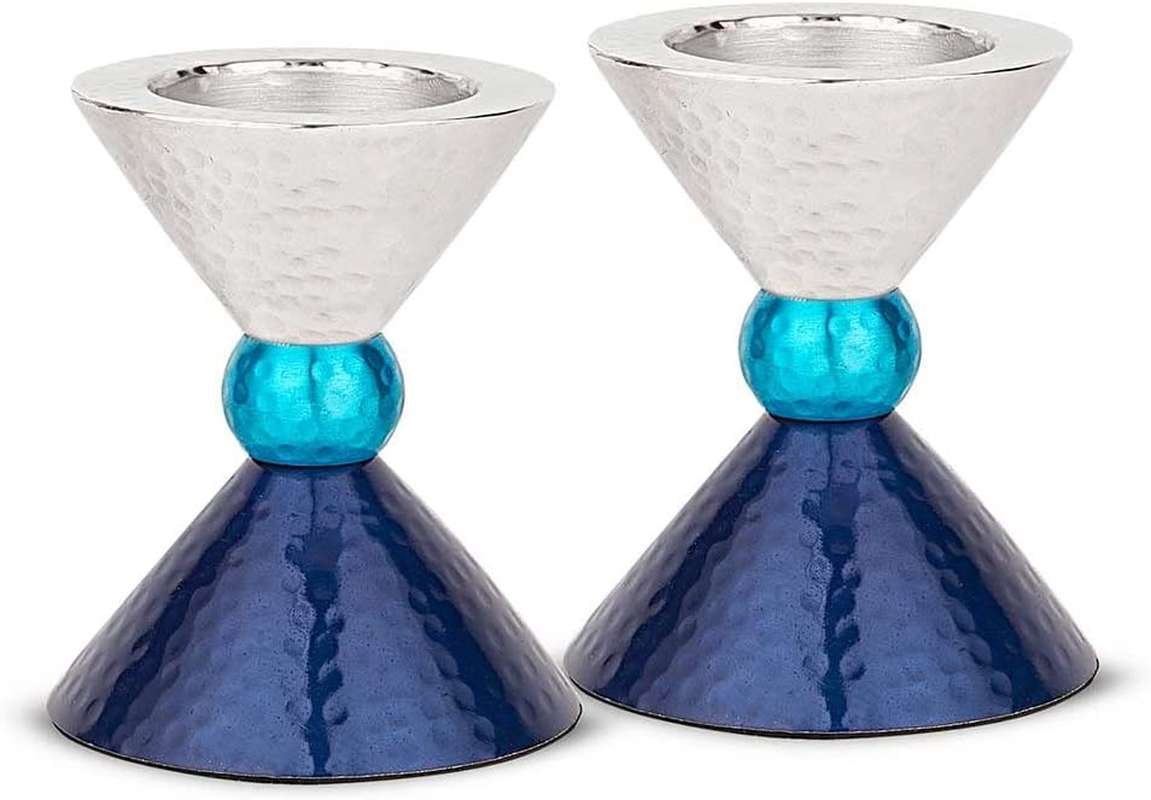 Zion Judaica Modern Tealight Candles or Thick Tapered Shabbat Candlestick Holders Set - Anodized Metal Blue Tones & Silver Candle Holder for Passover, Bat Mitzvah, Valentine'S Day