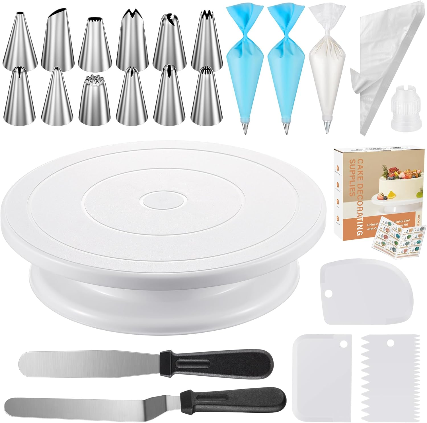 71Pcs Cake Decorating Kit, Baking Supplies Tools - Includes Cake Stand Turntable, 12 Icing Piping Tips Set, 2 Frosting Spatulas, 3 Scrapers, 50+2 Piping Bags, Coupler, Video Tutorial, Booklet
