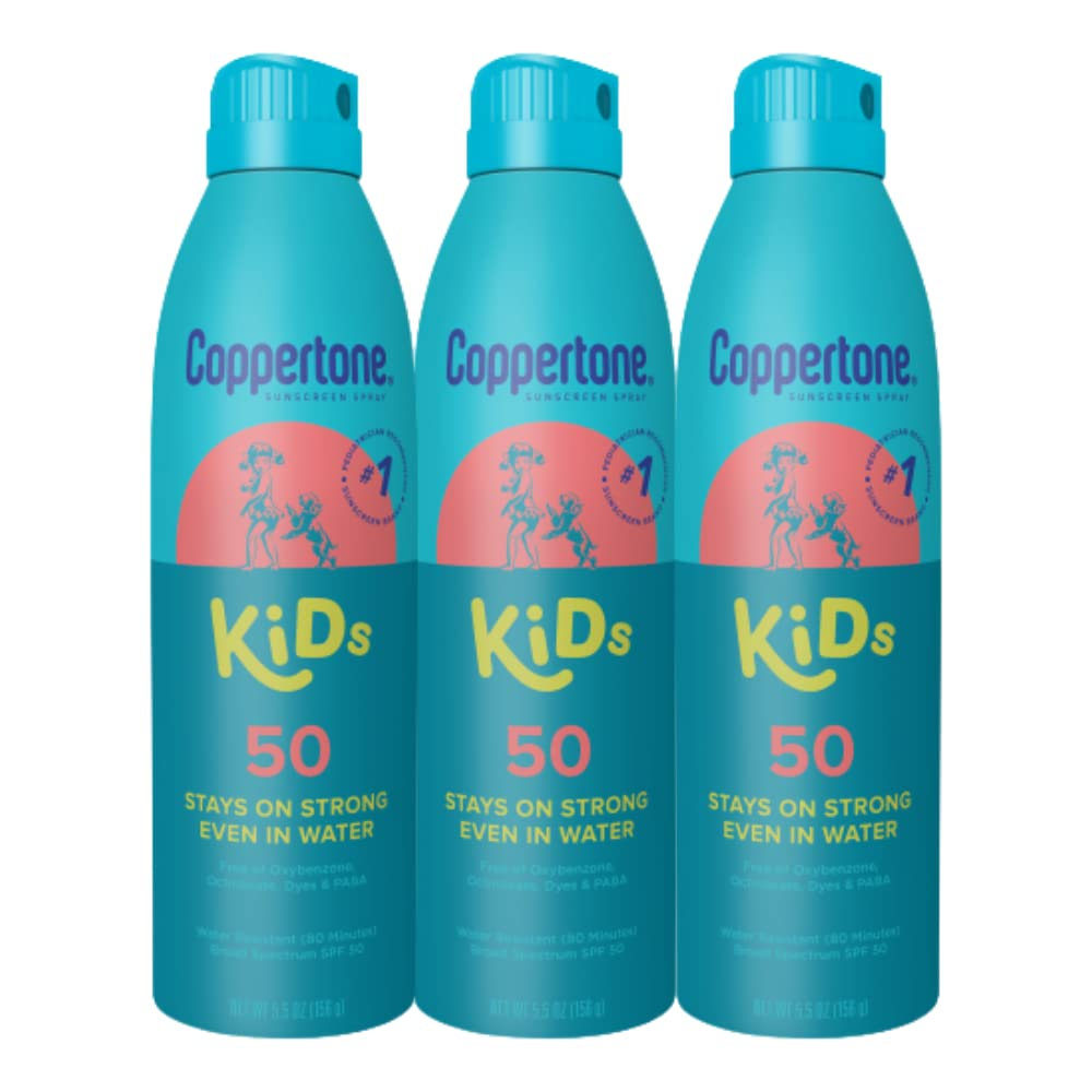 Coppertone Kids Sunscreen Spray SPF 50, Water Resistant Spray on Sunscreen for Kids, Pediatrician Recommended, 5.5 Oz Can, Pack of 3