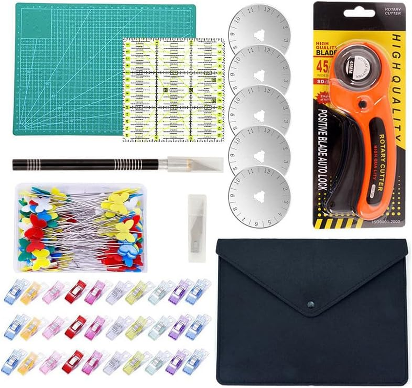 45Mm Rotary Cutter Tool Set with 5 Extra Blades A4 Cutting Mat Acrylic Ruler Carving Knife Craft Clips Bags for Crafting, Sewing, Patchworking
