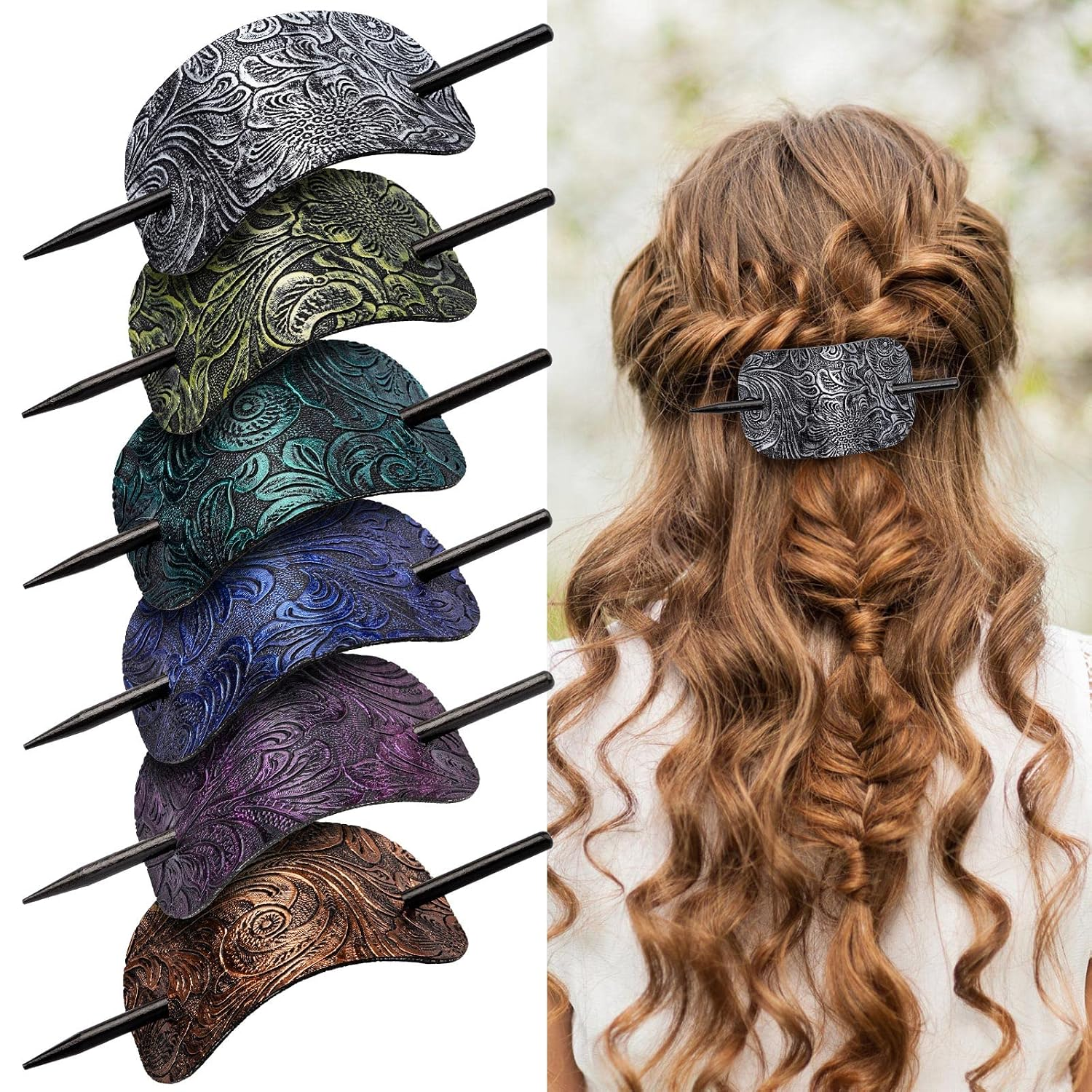 6PCS Leather Hair Barrettes with Stick, Square Shape Hair Accessories Set - Ponytail Holders, Clips with Wood Slide Stick for Women Girls