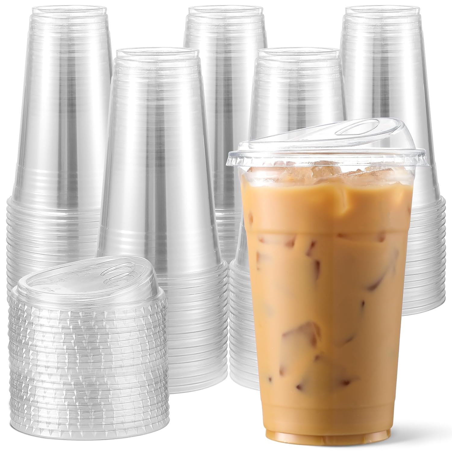 100 Pack 16 Oz Plastic Cups with Strawless Sip-Lids, Iced Coffee Cups with Lids BPA Free, Disposable Clear Cups, to Go Cups for Smoothies, Party Drinks, Bubble Tea, Cold Beverage