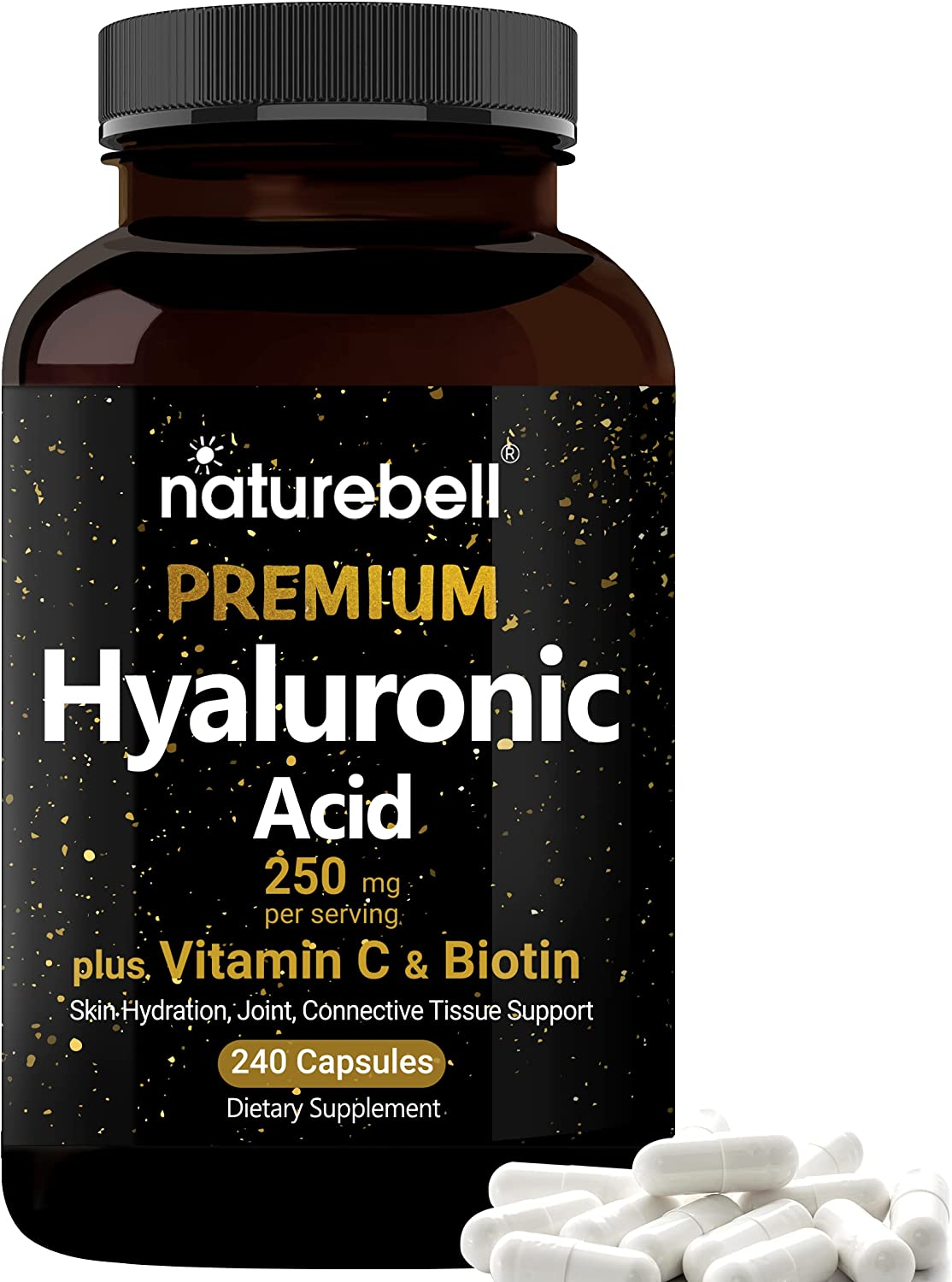 Hyaluronic Acid 250mg Capsules - 240 Count with Biotin & Vitamin C - Skin, Joint, Hair, Eye Health Support