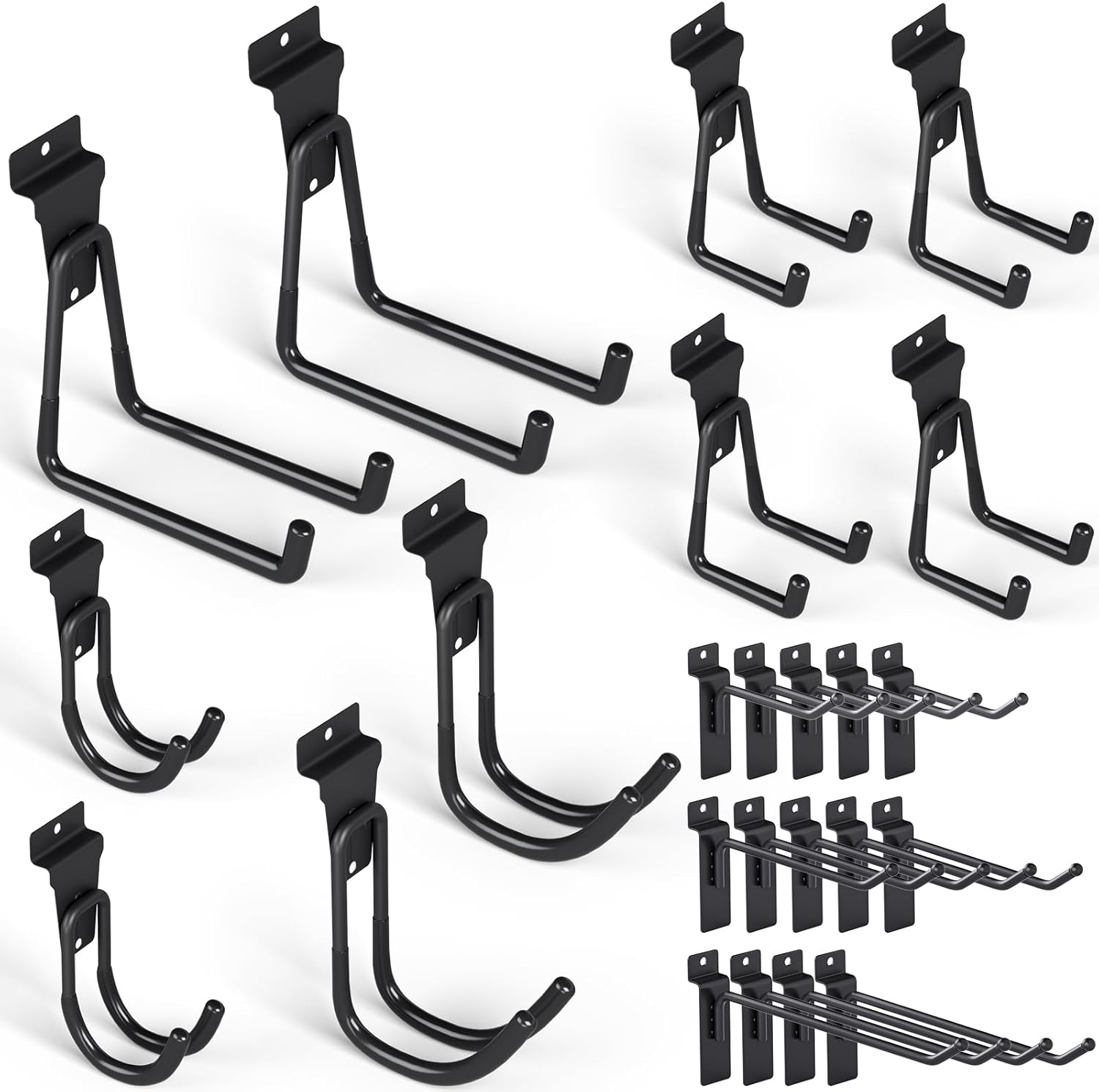 INCLY 24 Pack Heavy Duty Slatwall Hooks, Black Slatwall Panel Accessories Assortment, Slat Wall Hanging Hooks and Hangers for Garages, Sheds, Basements, Retail Stores