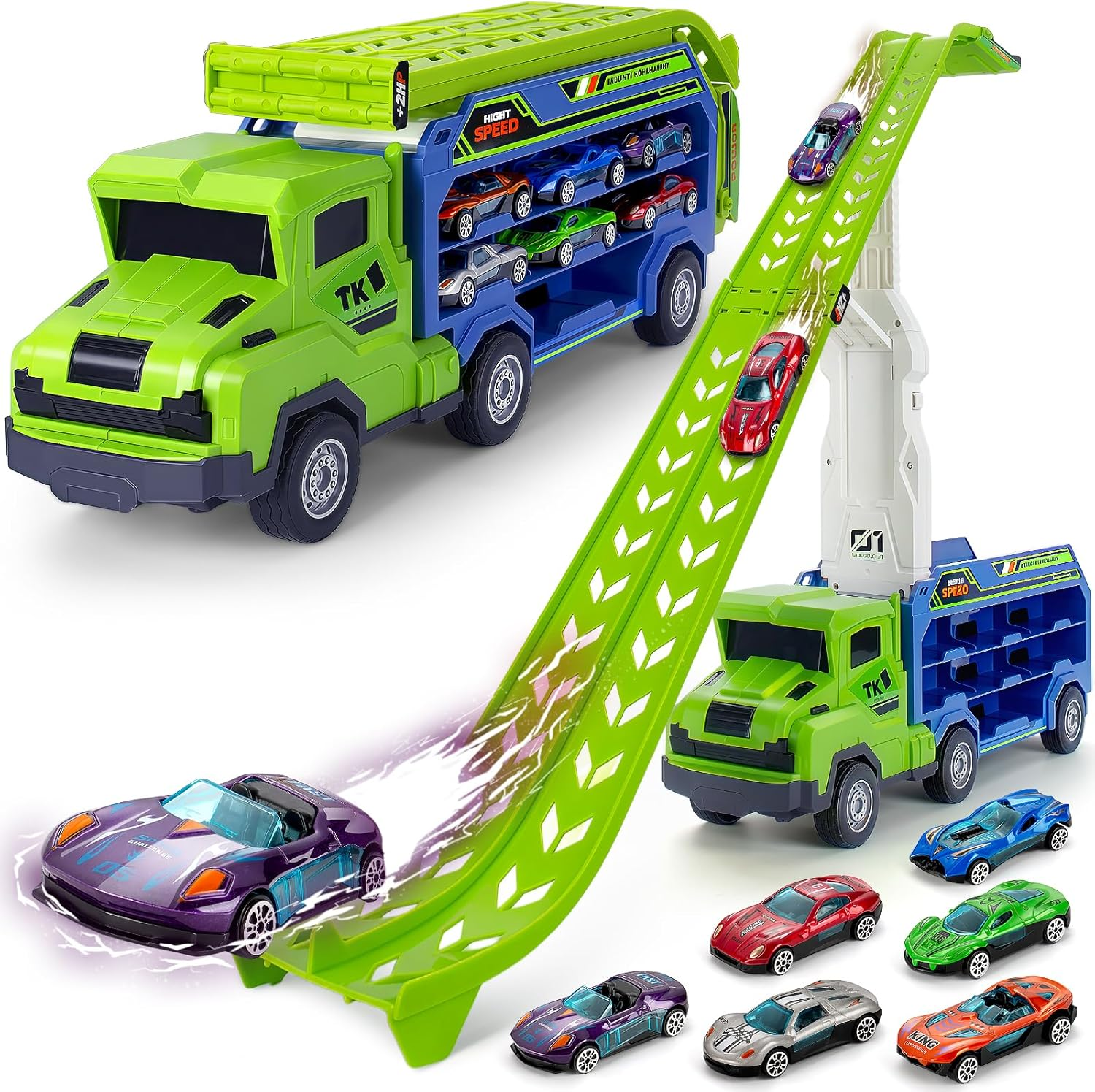 Baingesk Truck Toys Car for 3, 4, 5, 6 Years Old Boys, Carrier Race Truck Toys, Foldable 2 Layer Transport Car Toys with 27 in Race Track and 6 Metal Cars, Birthday Gifts for Toddler Boys Girls
