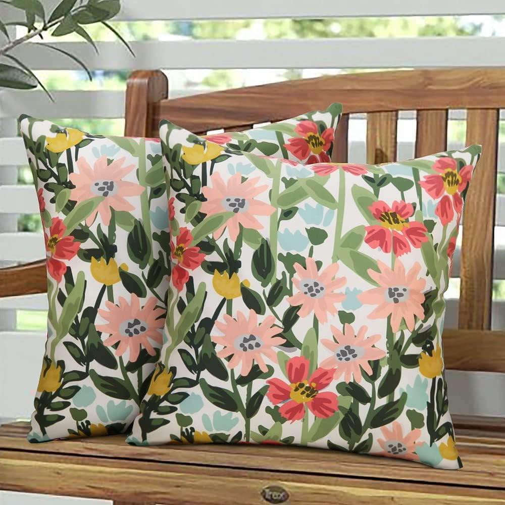Outdoor Pillows Cover Pack of 2 Floral Waterproof Throw Pillow Covers 18X18 inch Outdoor Pillows for Patio Furniture Garden Square Outside Waterproof Pillow