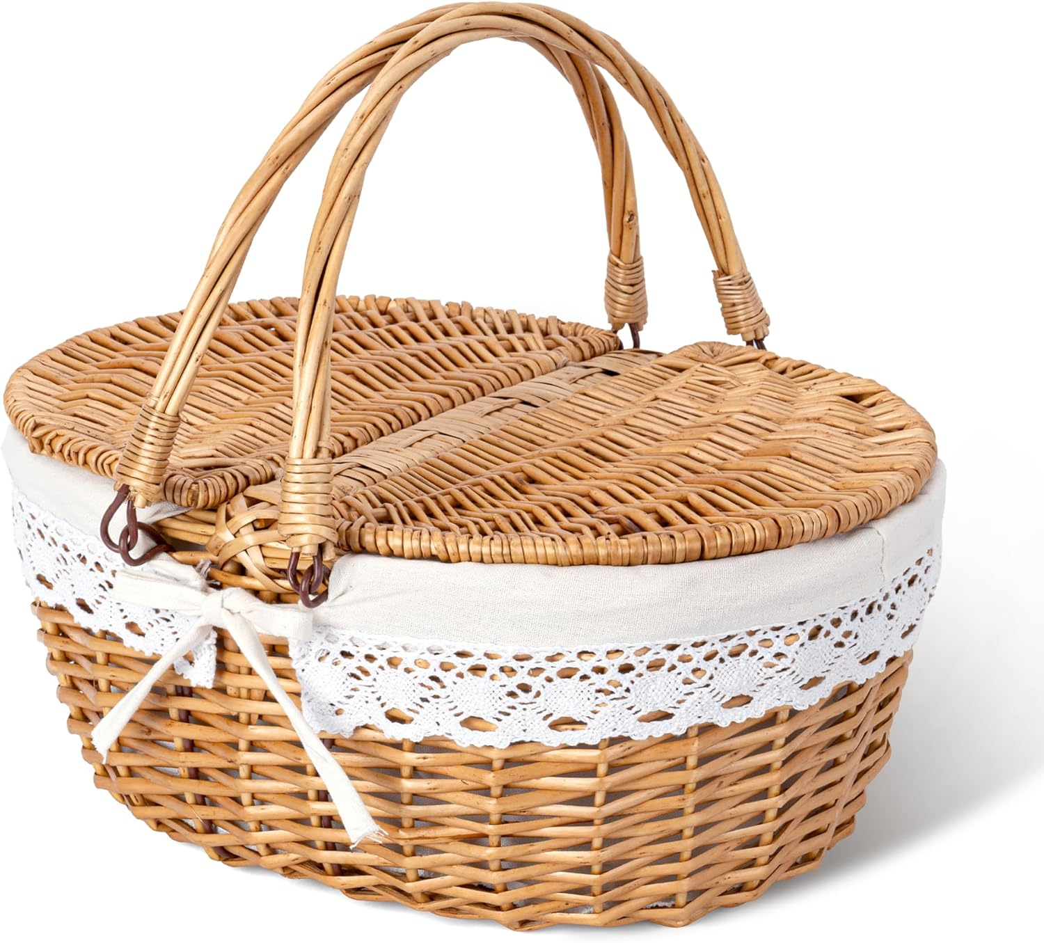 Picnic Basket, Wicker Basket with Lid, Woven Cute Basket with Handle, Storage Basket with Washable Lining & Dual-Flid Lid, Natural Willow Picnic Hamper, White Lining