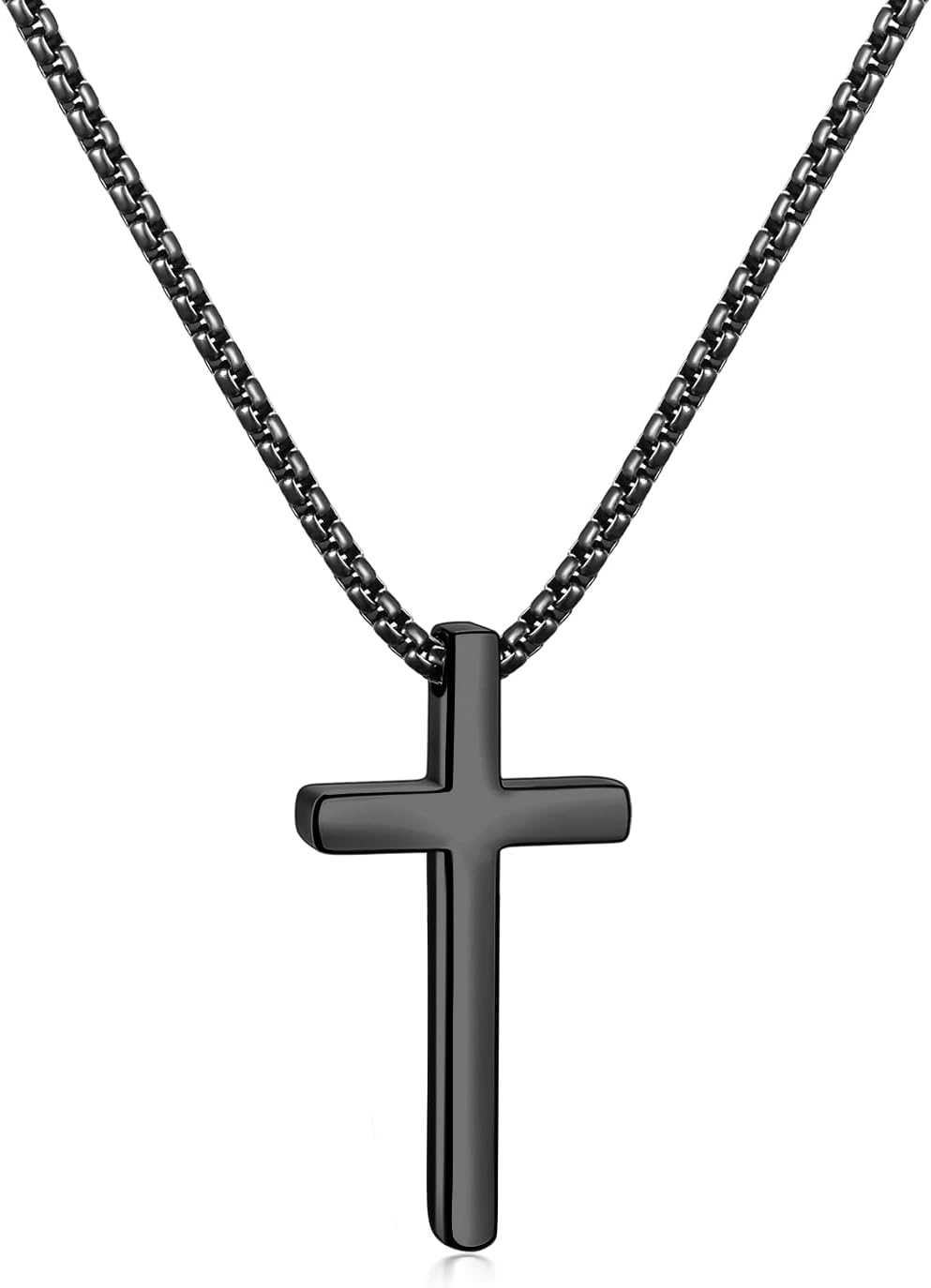 Valentines Gifts for Him - Cross Necklace for Men, Silver/Gold/Black Mens Cross Necklaces with 2.5Mm Cross Chain and Stainless Steel Cross Pendant, Box Chain 16-24 Inch, Jewelry Gift