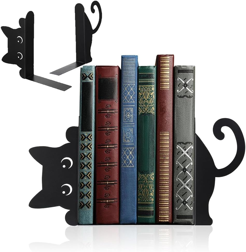 2 Pack Cat Metal Bookends Set, Cat-Shaped Desktop Bookshelf, Anti-Tipping Design, Home Office Desk Decorative Ornaments, for Storing Books on Desks in Bedrooms, Offices and Schools