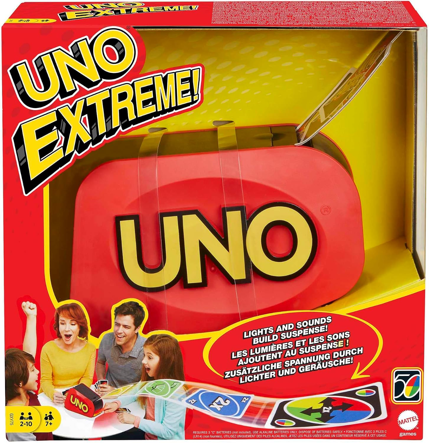 Mattel Games UNO Extreme Card Game with Launcher Ages 7 + , 2-10 Players | Featuring Random-Action Launcher with Lights & Sounds & 112 Cards, Kid, Teen & Adult Game Night , GXY75