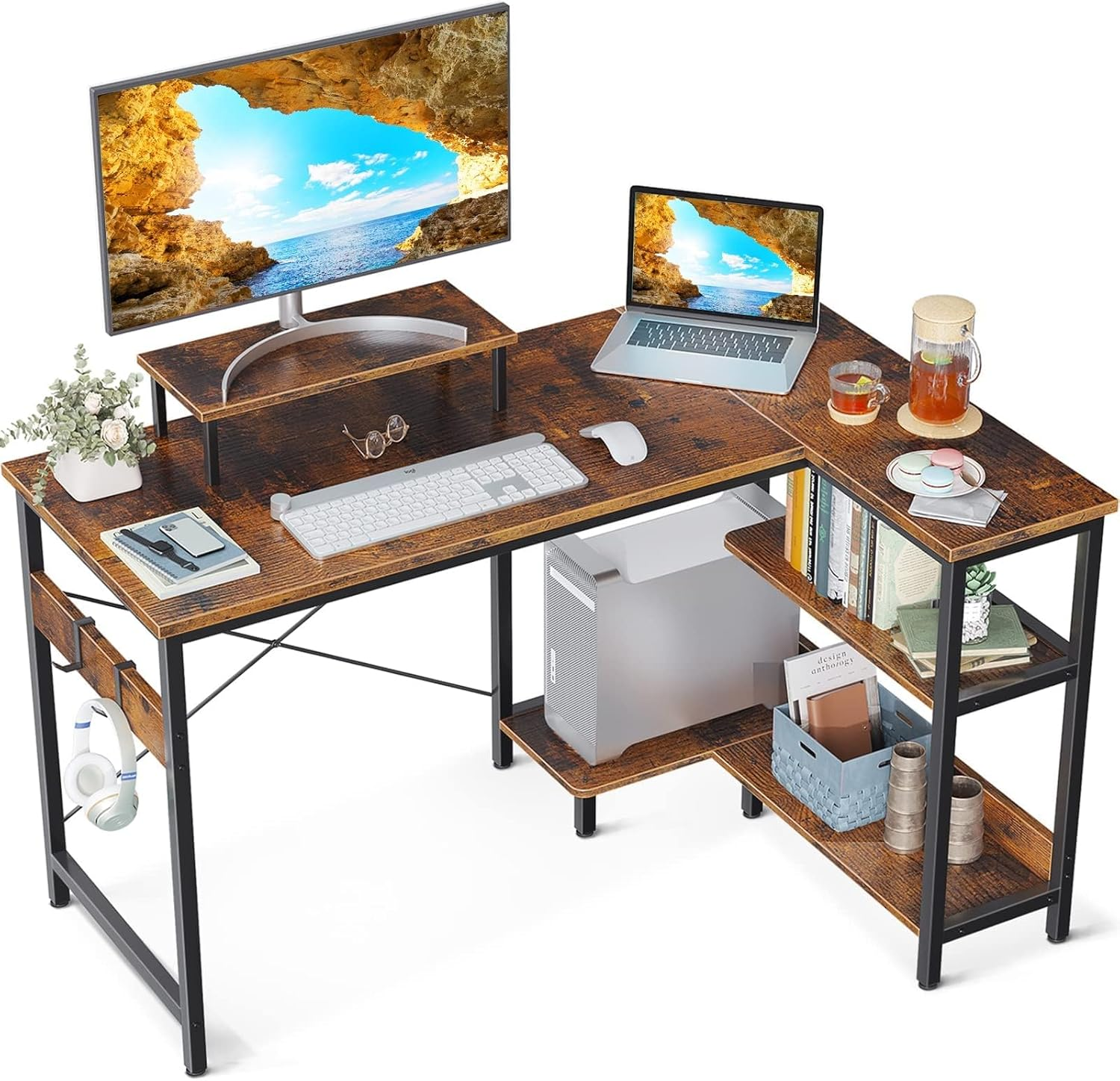 ODK L Shaped Computer Desk with Reversible Storage Shelves, L-Shaped Corner D... - Picture 2 of 14