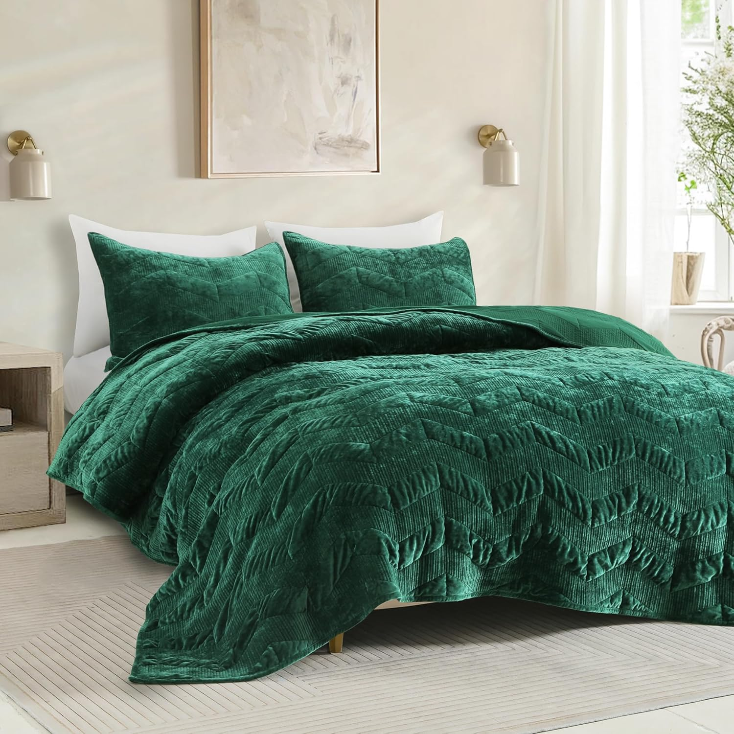 SHALALA Luxury Velvet Quilt Set King Size,Ultra Soft Lightweight Comforter Set, Oversized Bedspread Coverlet with 2 Shams Geometries Pattern,For All Season (Forest Green,King)