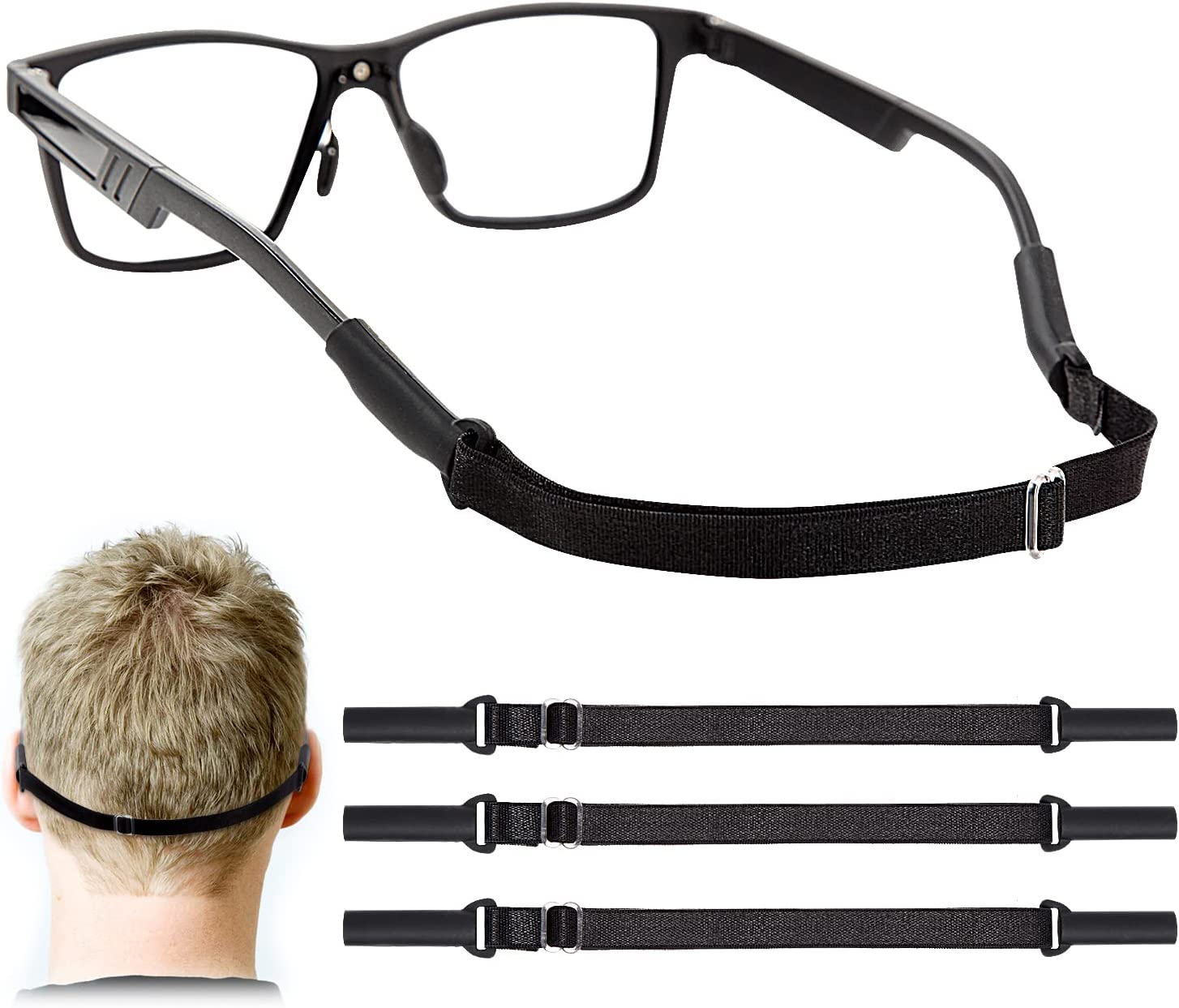 Adjustable Glasses Straps - 3 Pcs No Tail Adjustable Eyewear Retainer Glass Straps for Men, Women, Kids Eyelasses, Sunglasses,Black(7.5-13.5 Inch)