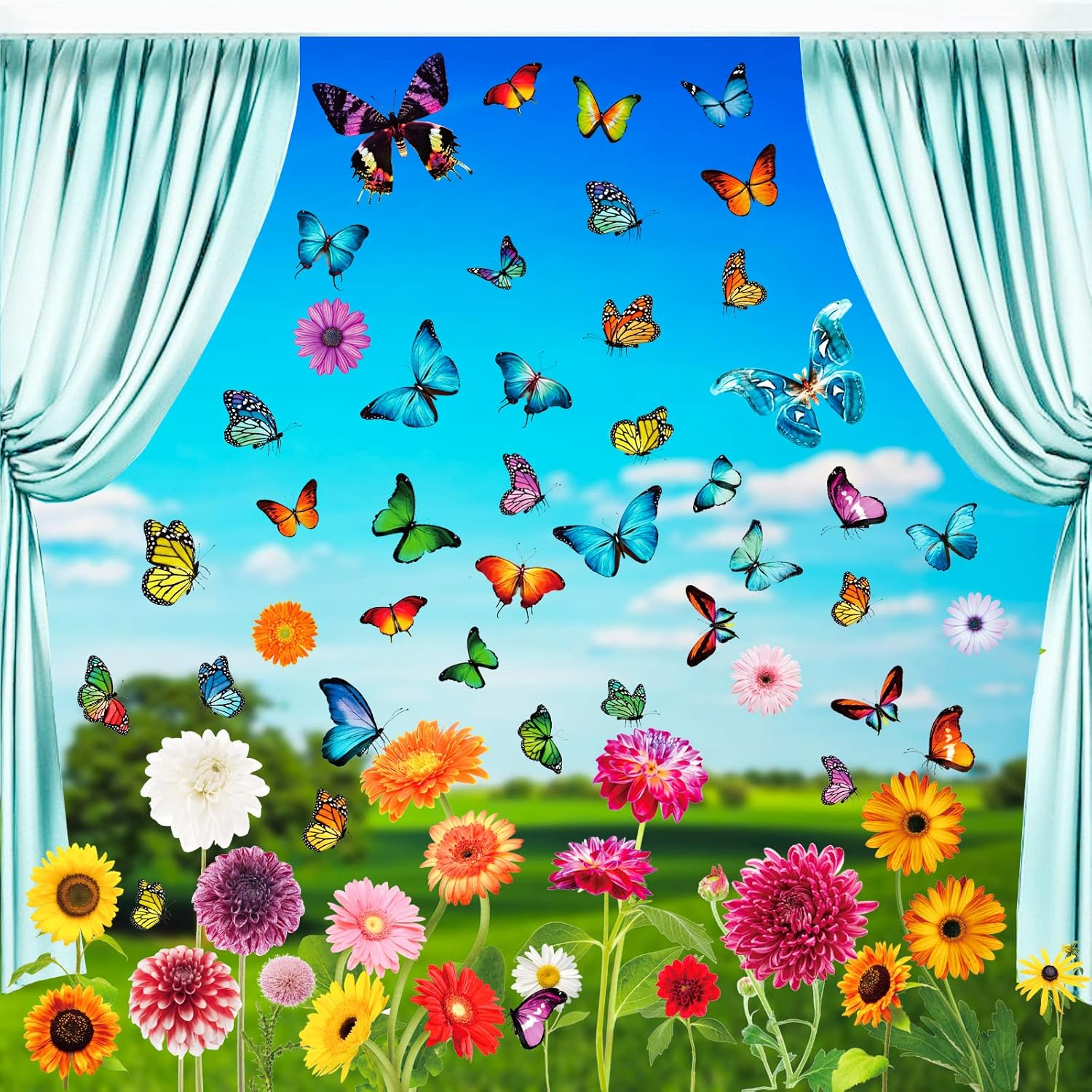 Spring Window Clings Flower Butterfly - 84 Pieces Anti-Collision Window Stickers Decals for Glass Windows Decoration Spring Party Supplies