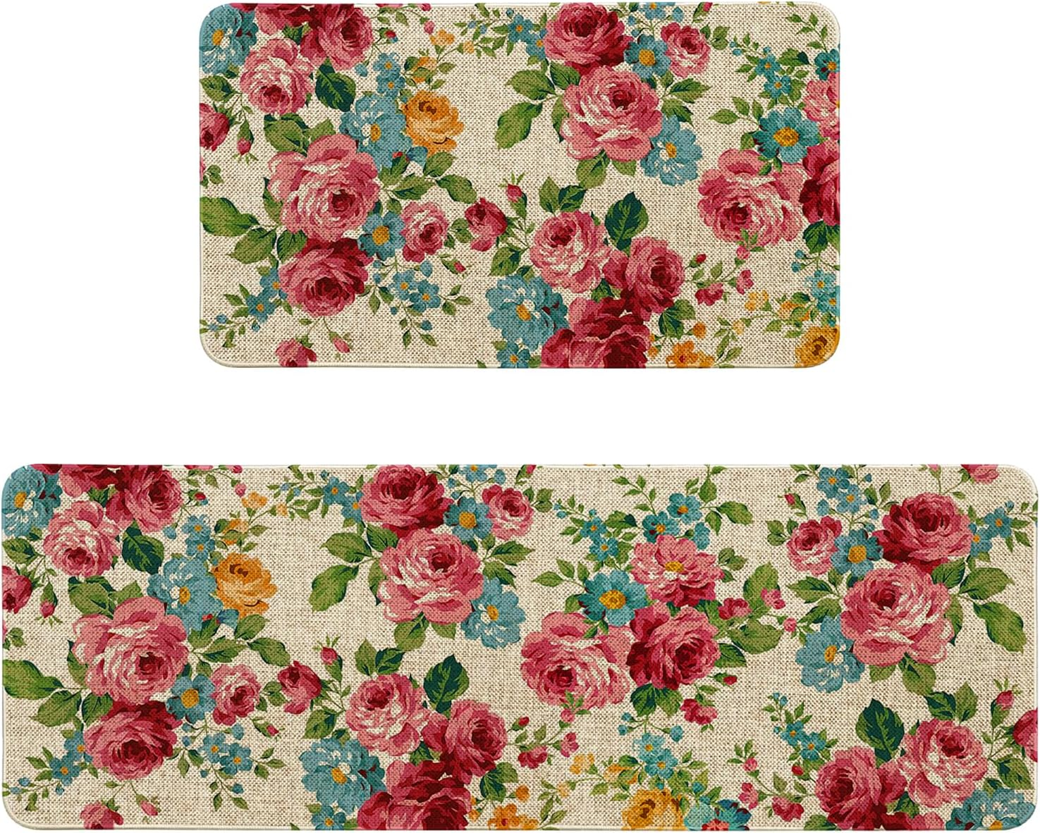 Pioneer Woman Kitchen Rugs Sets of 2 Non Slip Washable, Pink Floral Kitchen Mats