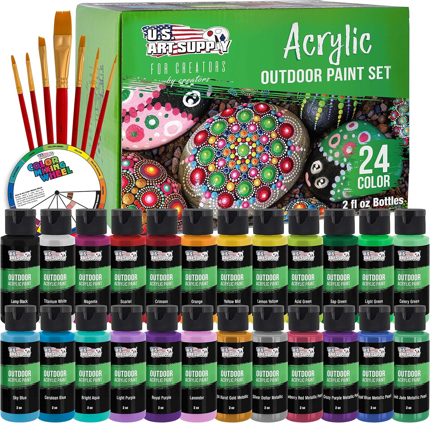 Professional 24 Color Outdoor Acrylic Paint Set, 2Oz Bottles, with 7 Brush Kit - Vivid Colors for Painting Canvas, Rocks, Wood Crafts, Toys