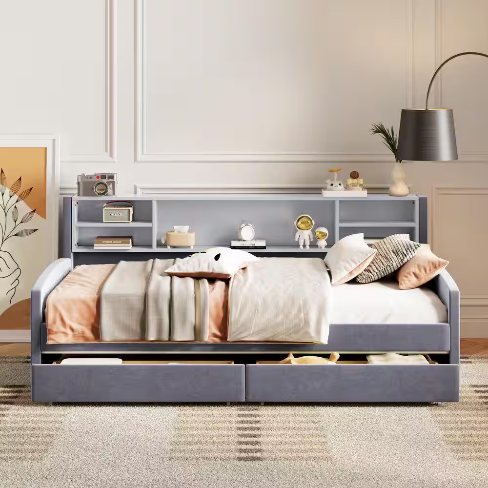 Gray Wood Frame Twin Platform Bed with Storage and Drawers