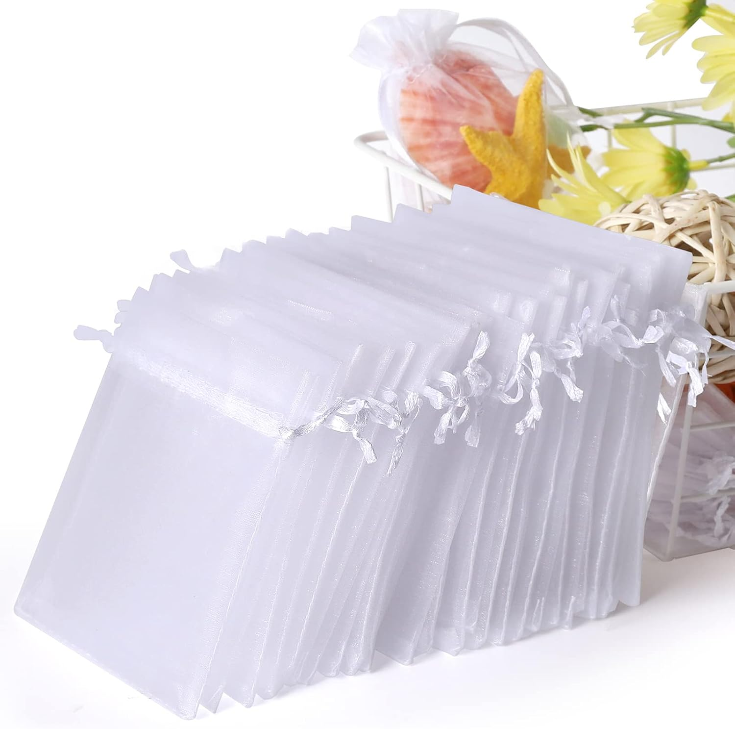 100PCS 4X6 (10X15Cm) White Sheer Organza Bags for Wedding Favor with Drawstring, Premium Jewelry Pouches Party for Festival Gift ,Candy , Fruit Protection