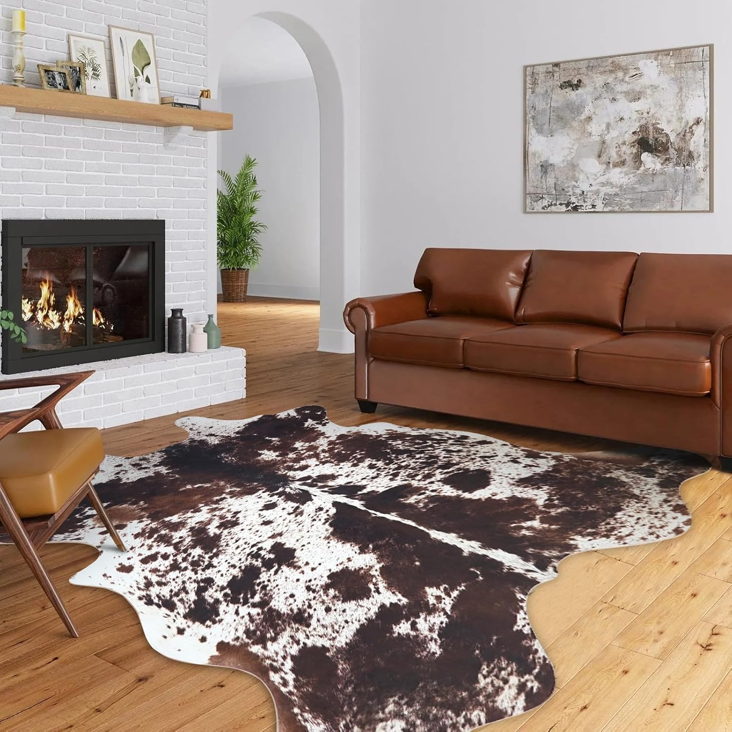 Faux Cowhide Rug 4.6X5.2 Feet Large Cow Print Rug for Living Room Western Decor for Bedroom Home Office Brown Carpet-No Fur