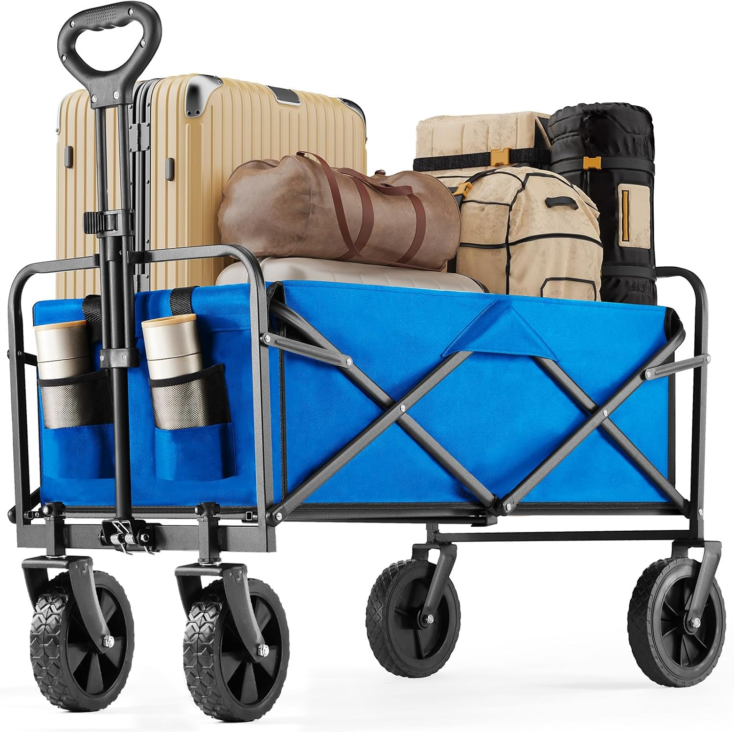 Foldable Wagons Carts with All-Terrain Wheels, 120L & 360LBS Portable Shopping Wagon Large Capacity Utility Cart with Drink Holders, Heavy Duty Collapsible for Sand, Beach, Gardening(Large Blue)