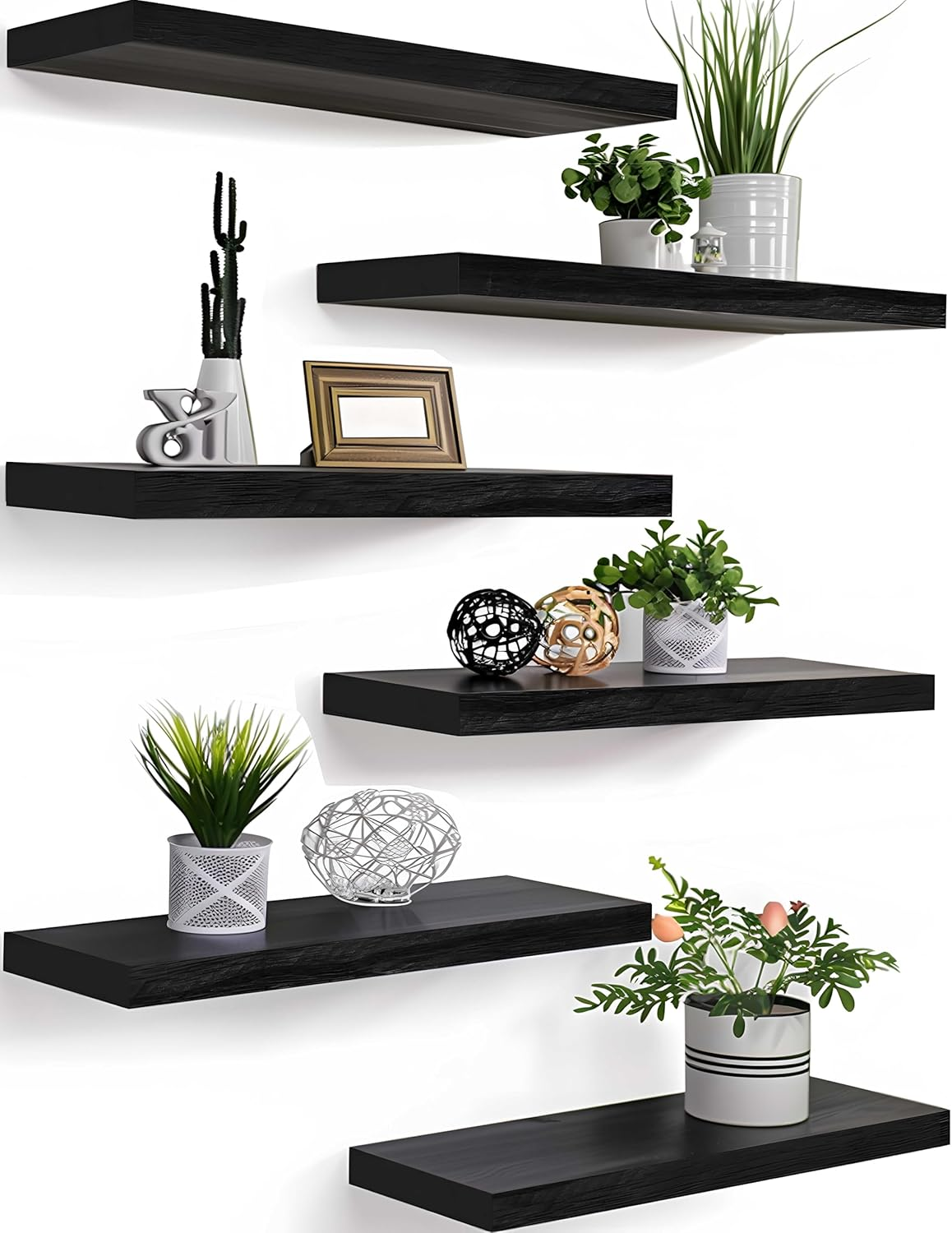 Wood Floating Shelves for Wall, Wooden Wall Shelves for Bedroom, Set of 6 Black 17 Inch