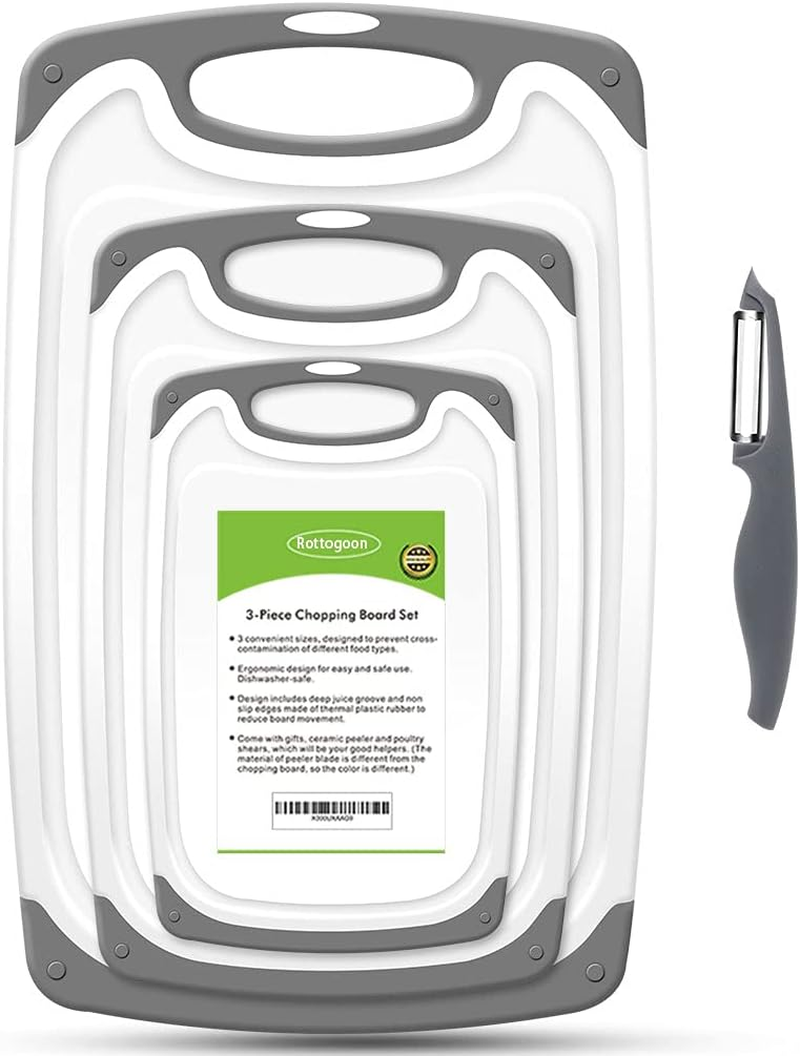 Cutting Boards for Kitchen, Plastic Chopping Board Set of 4 with Non-Slip Feet and Deep Drip Juice Groove, Easy Grip Handle, Dishwasher Safe, Gray