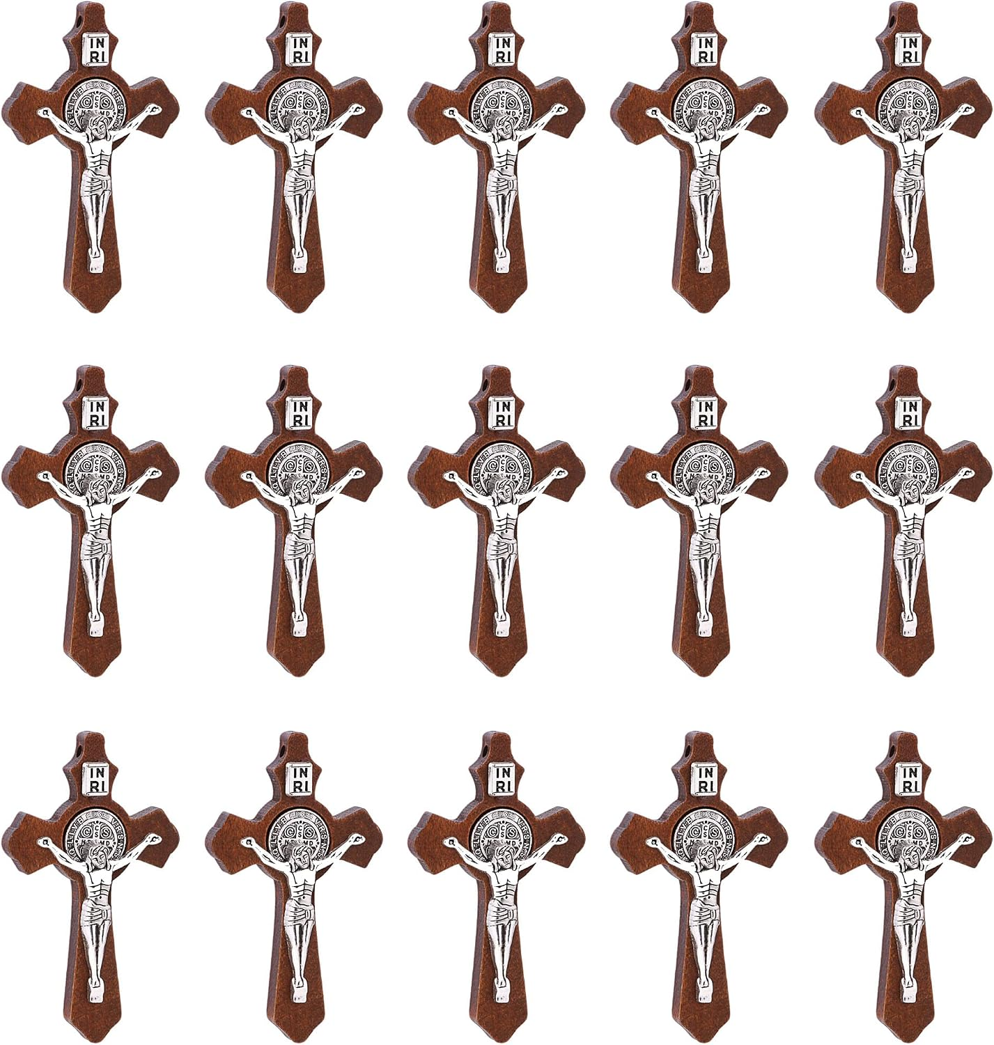 10Pcs Catholic Religious Jesus Wear I Handcrafted Inlay Alloy Wood Cross Crucifix Pendant Necklace Charm Jewelry Making Accessaries