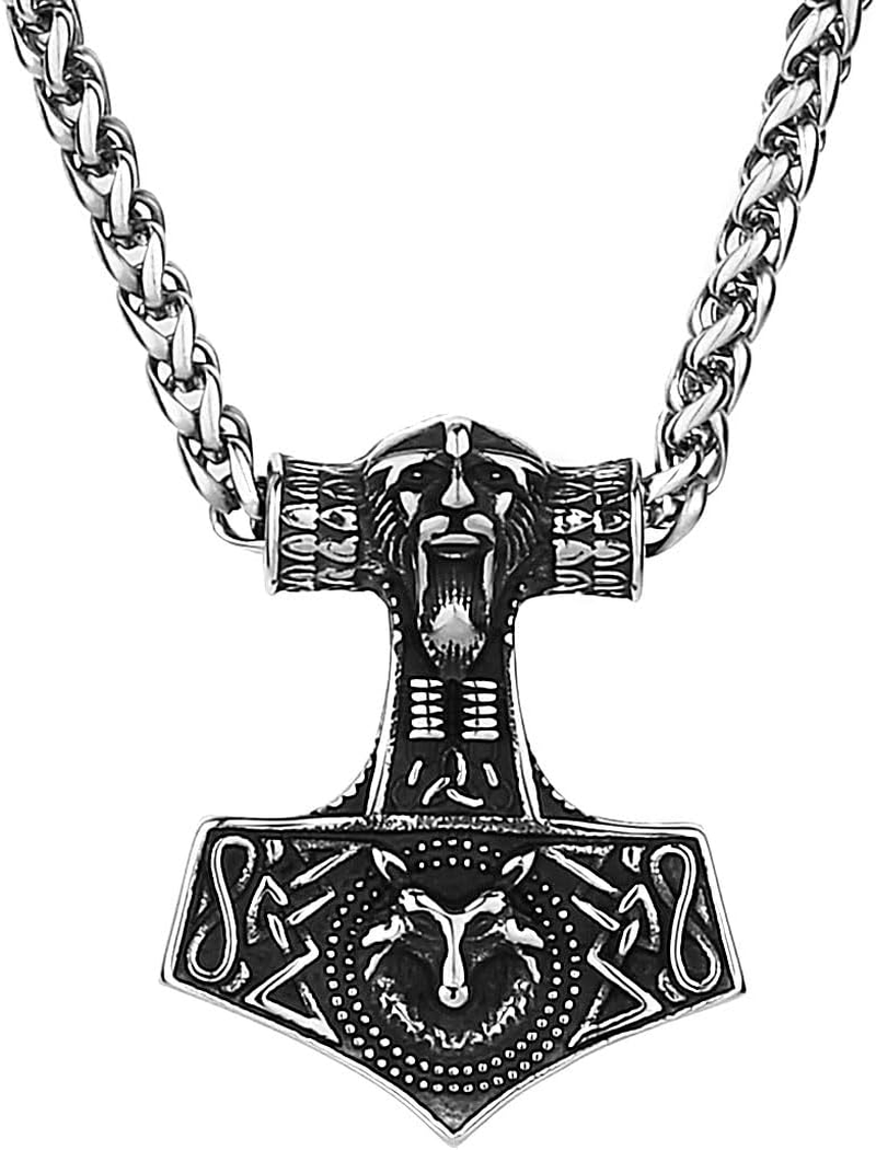 Wolf Head Thors Hammer Necklace Nordic Pendant Amulet Jewelry Gift for Men Women