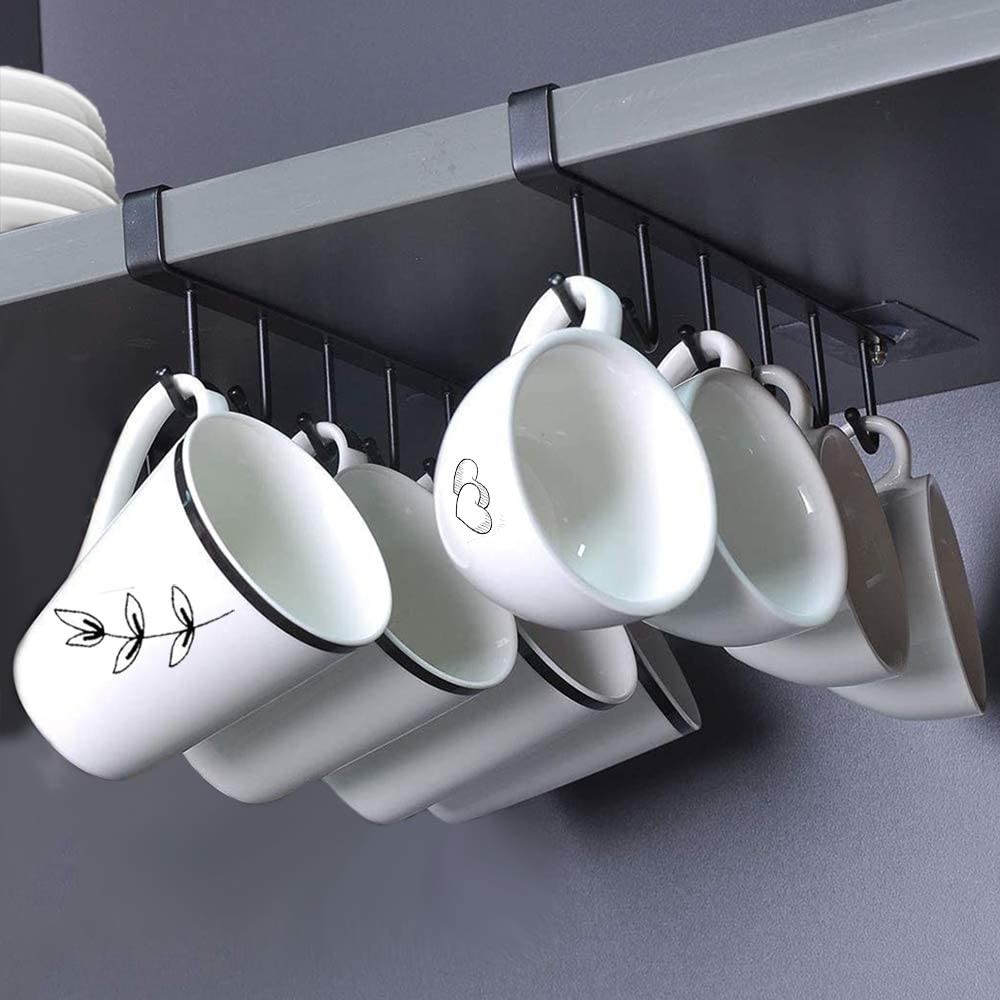 2Pcs Mug Hooks under Cabinet Mug Holder Rack,Adhesive Coffee Cups Holder Hanger for Cups/Kitchen Utensils/Ties Belts/Scarf/Keys Storage, Fit for 2.2Cm Thickness Shelf or Less (Black)
