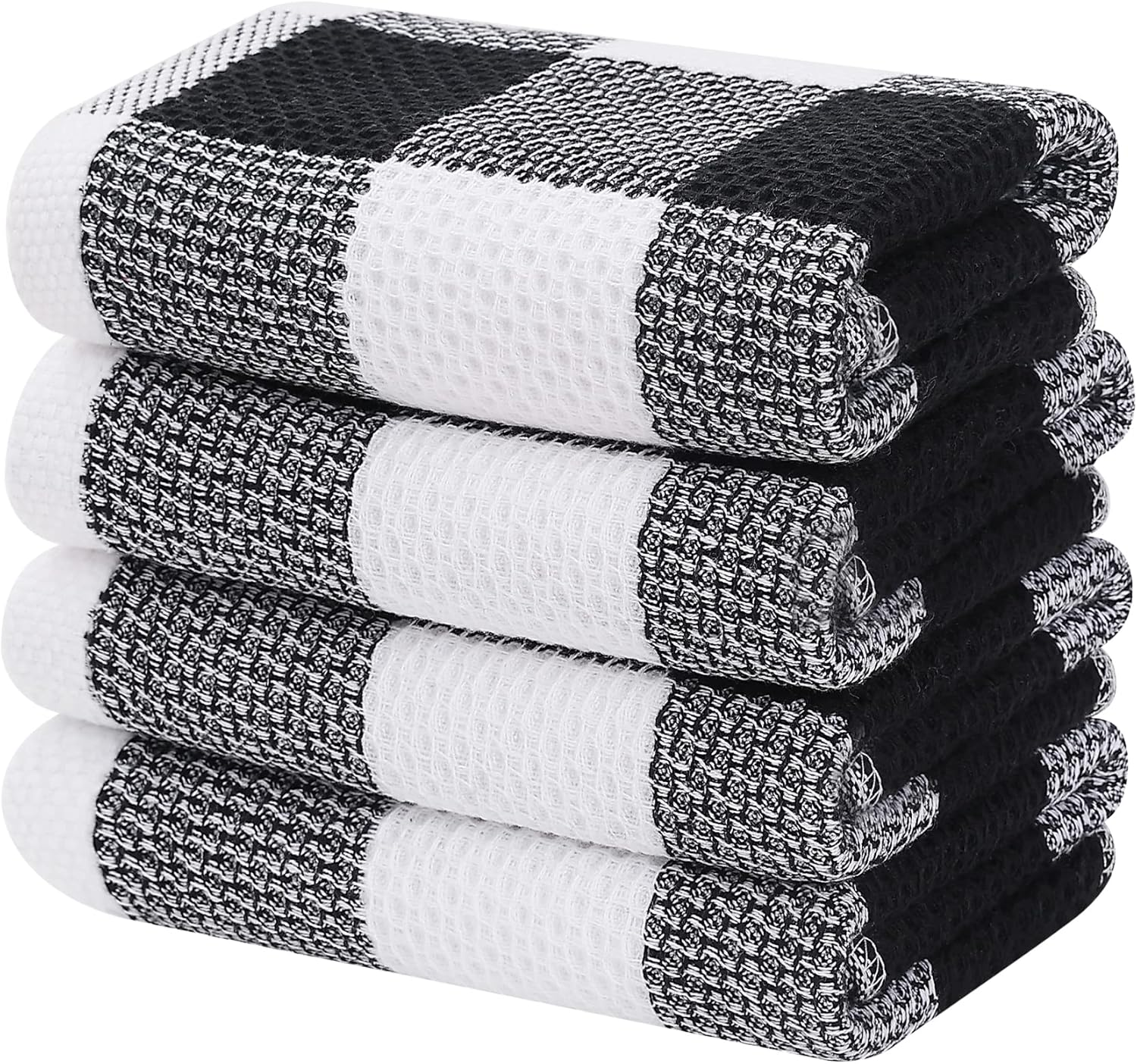 Homaxy 100% Cotton Waffle Weave Check Plaid Kitchen Towels, 13 X 28 Inches, Super Soft and Absorbent Dish Towels for Drying Dishes, 4-Pack, White & Black